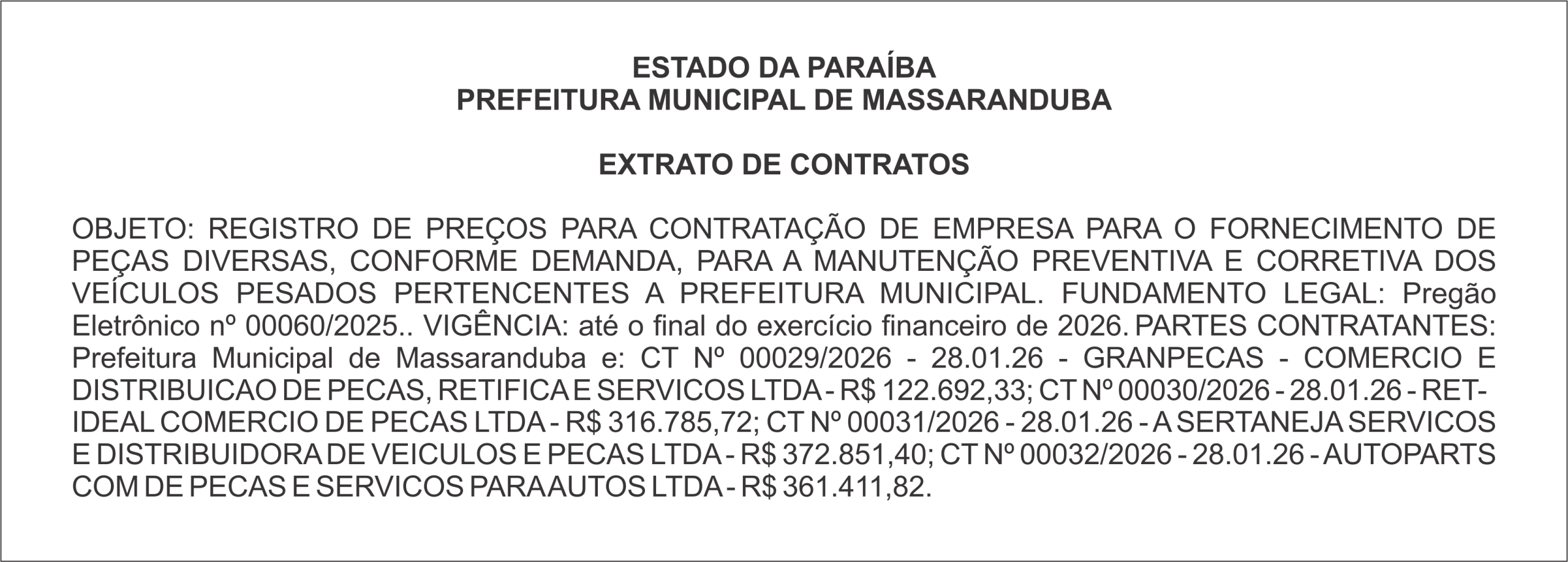 PREFEITURA MUNICIPAL DE MASSARANDUBA – EXTRATO DE CONTRATOS