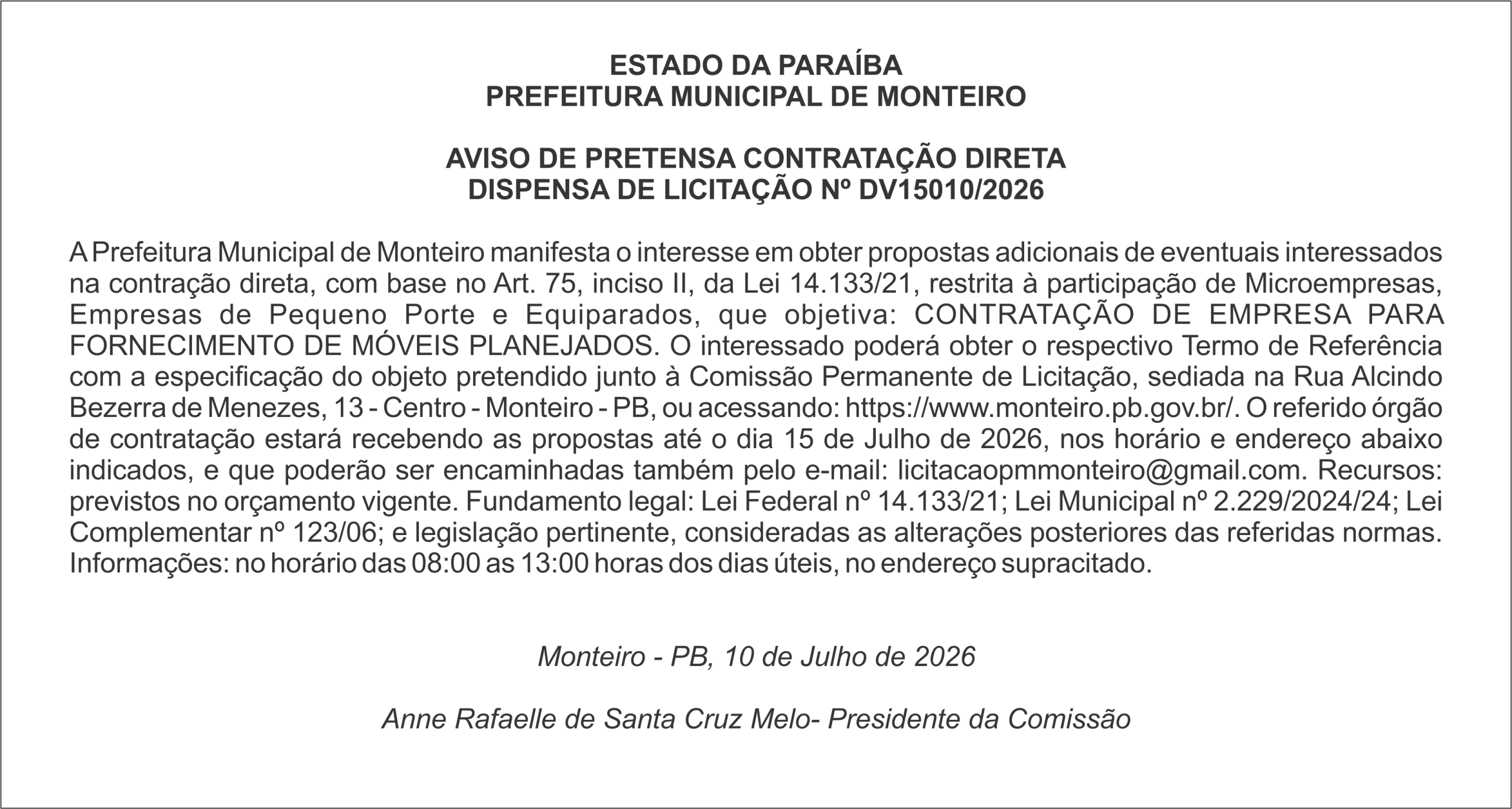 PREFEITURA MUNICIPAL DE MONTEIRO – AVISO DE PRETENSA CONTRATAÇÃO DIRETA – DISPENSA DE LICITAÇÃO Nº DV15010/2026