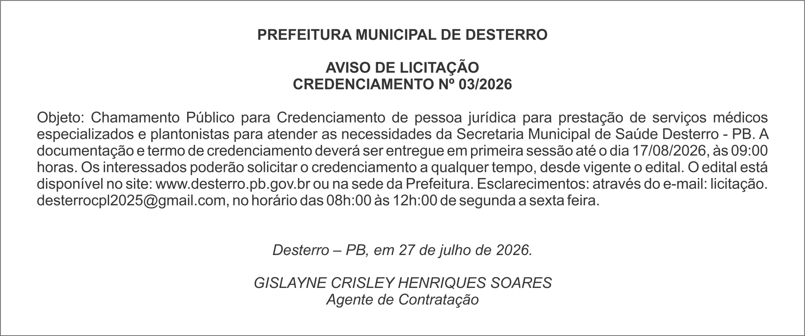 PREFEITURA MUNICIPAL DE DESTERRO –  AVISO DE LICITAÇÃO – CREDENCIAMENTO Nº 03/2026
