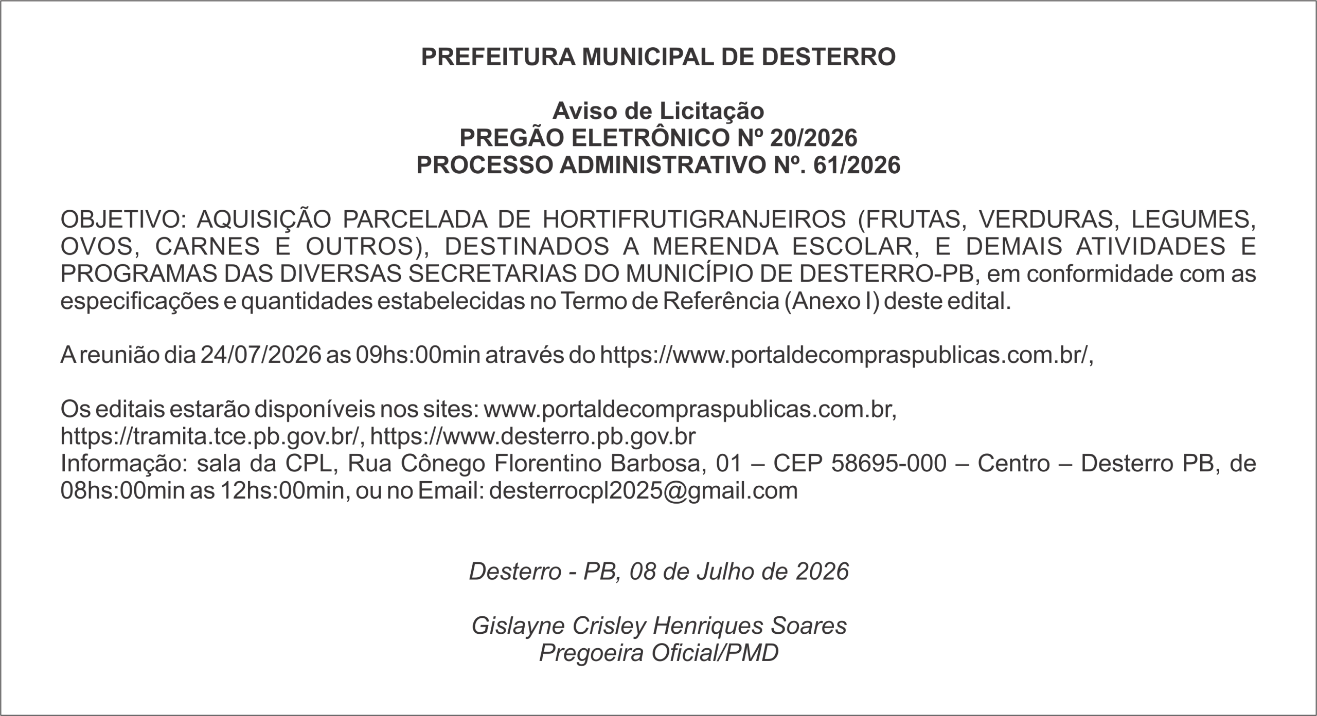 PREFEITURA MUNICIPAL DE DESTERRO – AVISO DE LICITAÇÃO – PREGÃO ELETRÔNICO Nº 20/2026