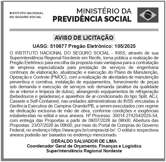 INSS – PE – RECIFE – AVISO DE LICITAÇÃO UASG: 510677 – PREGÃO ELETRÔNICO: 105/2025