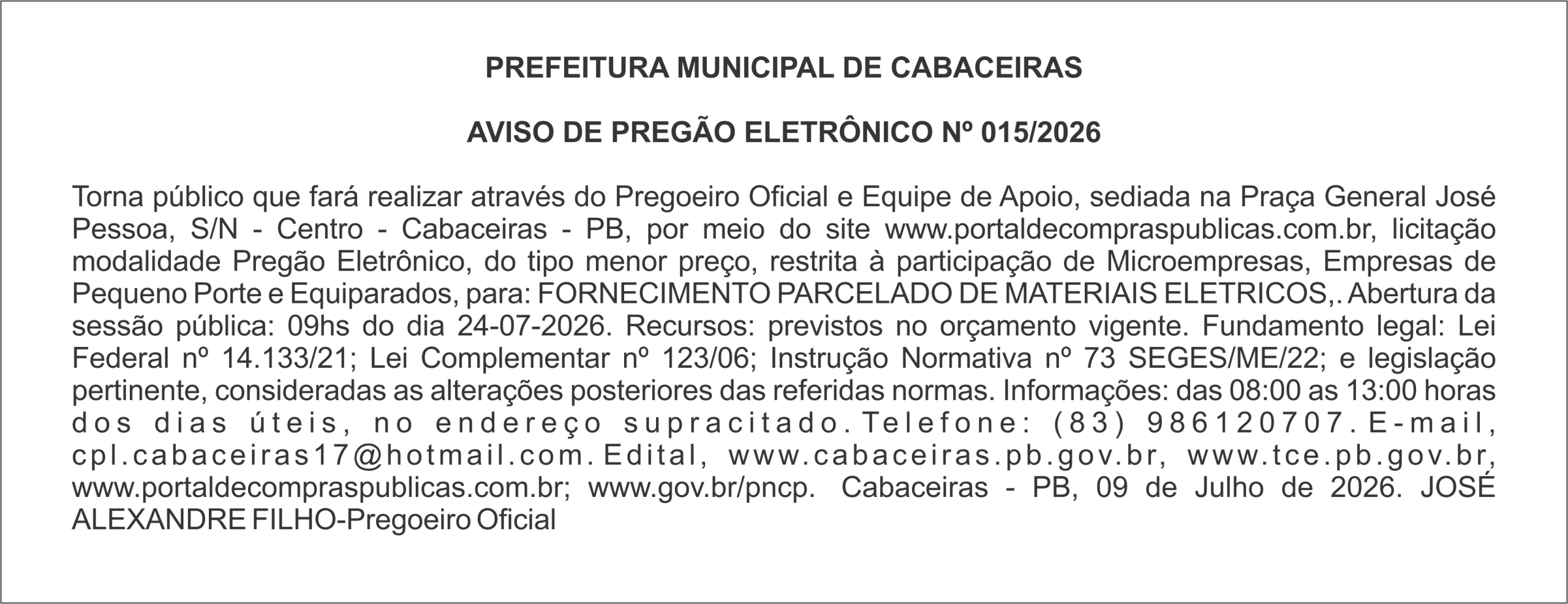 PREFEITURA MUNICIPAL DE CABACEIRAS – AVISO DE PREGÃO ELETRÔNICO Nº 015/2026