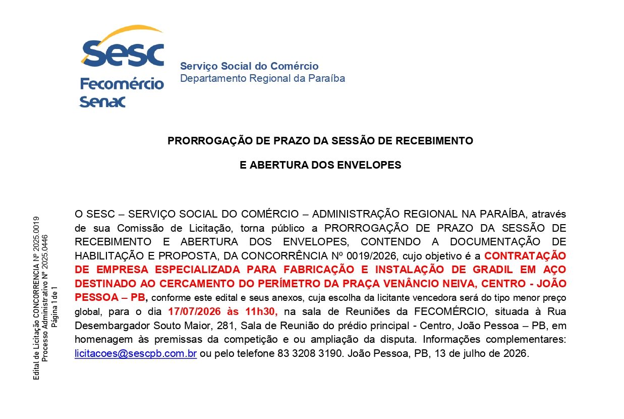 SESC – PRORROGAÇÃO DE PRAZO DA SESSÃO DE RECEBIMENTO E ABERTURA DOS ENVELOPES – CONCORRÊNCIA Nº 0019/2026