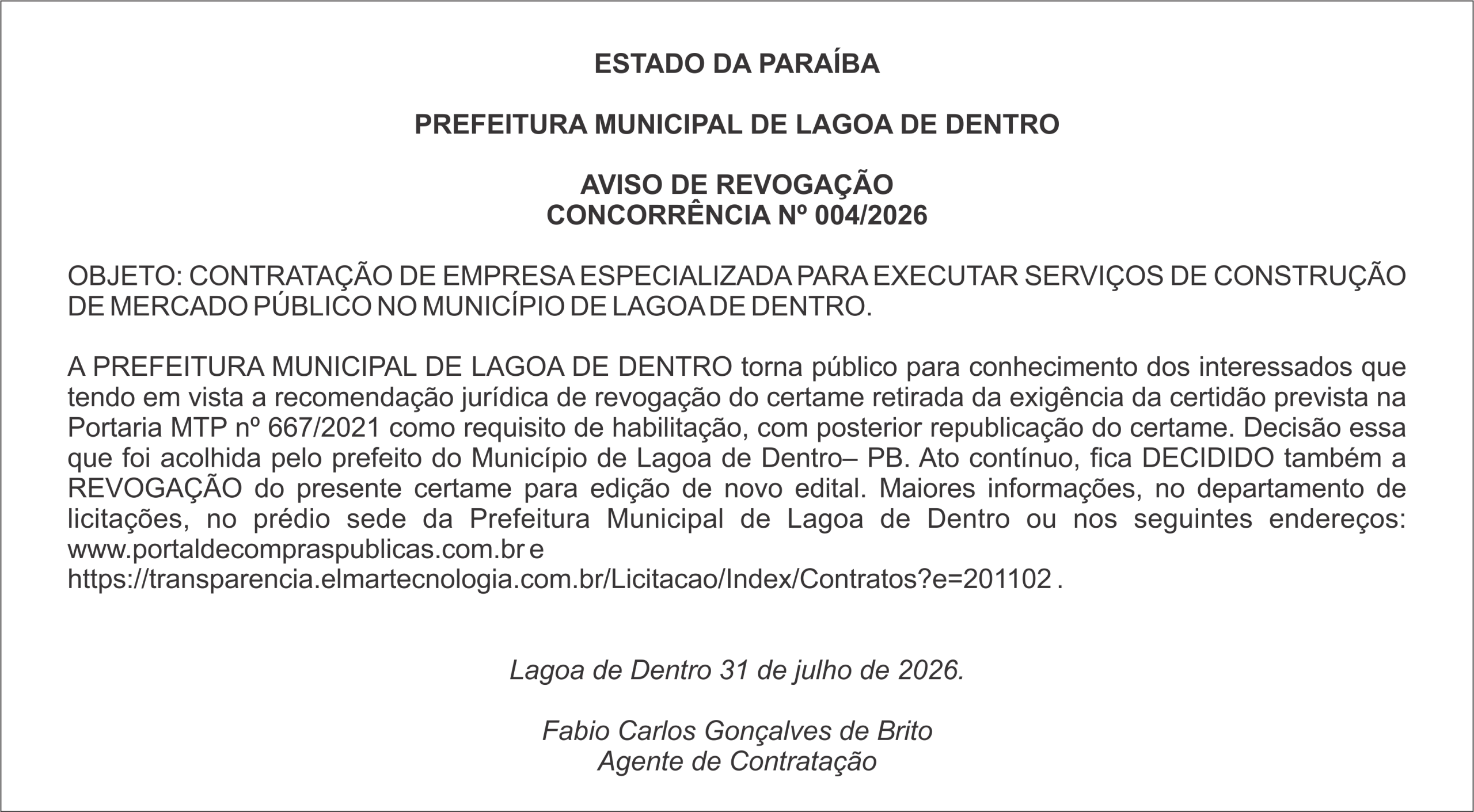 PREFEITURA MUNICIPAL DE LAGOA DE DENTRO – AVISO DE REVOGAÇÃO CONCORRÊNCIA Nº 004/2026