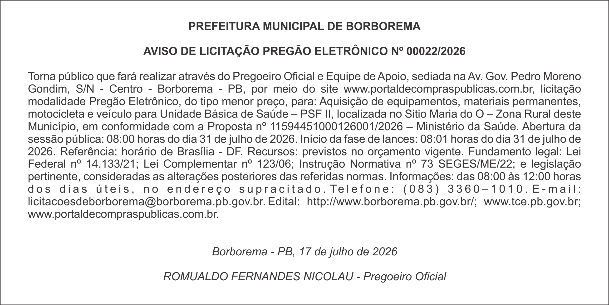 PREFEITURA MUNICIPAL DE BORBOREMA – AVISO DE LICITAÇÃO – PREGÃO ELETRÔNICO Nº 00022/2026