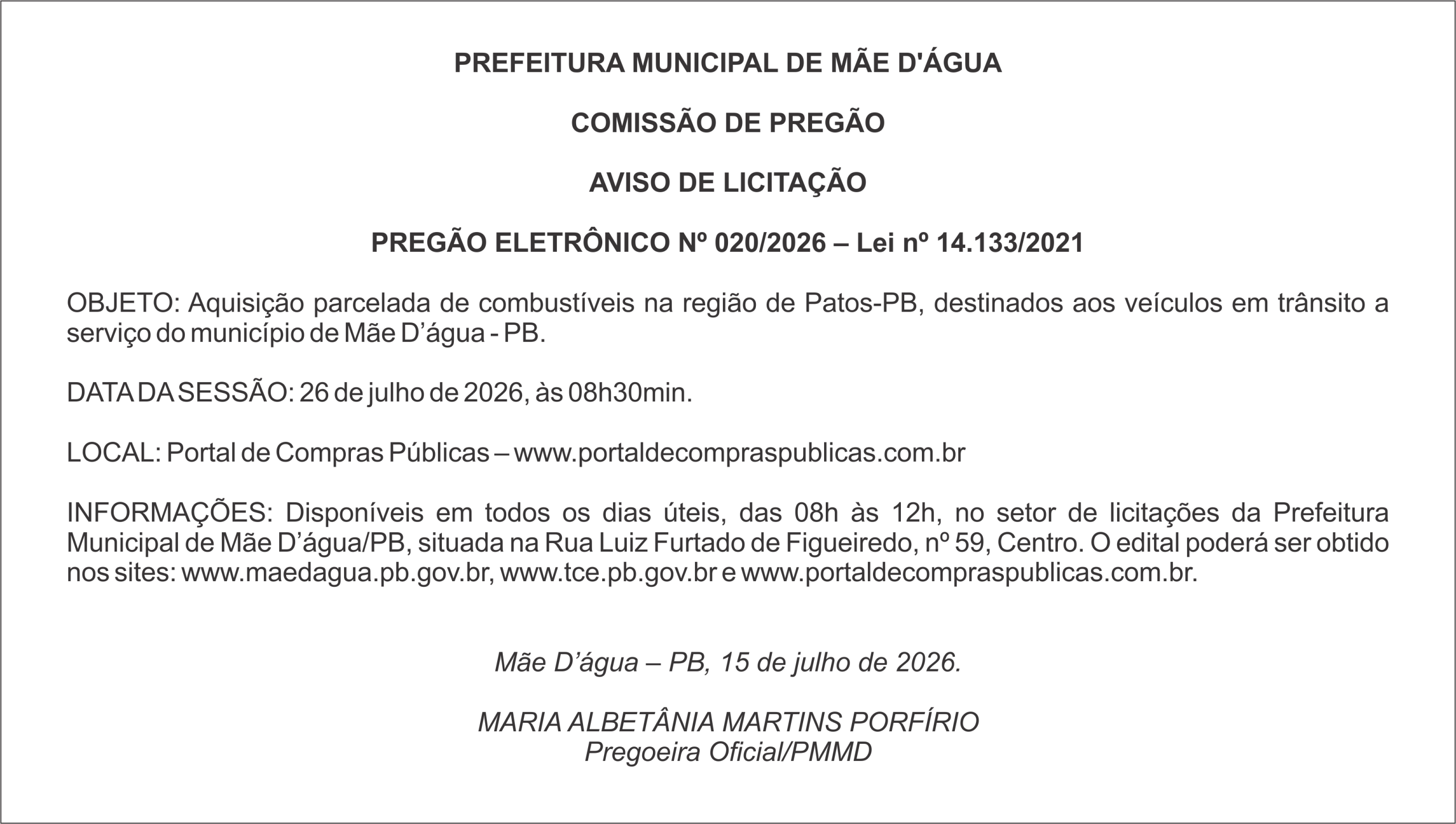 PREFEITURA MUNICIPAL DE MÃE D’ÁGUA – AVISO DE LICITAÇÃO – PREGÃO ELETRÔNICO Nº 020/2026