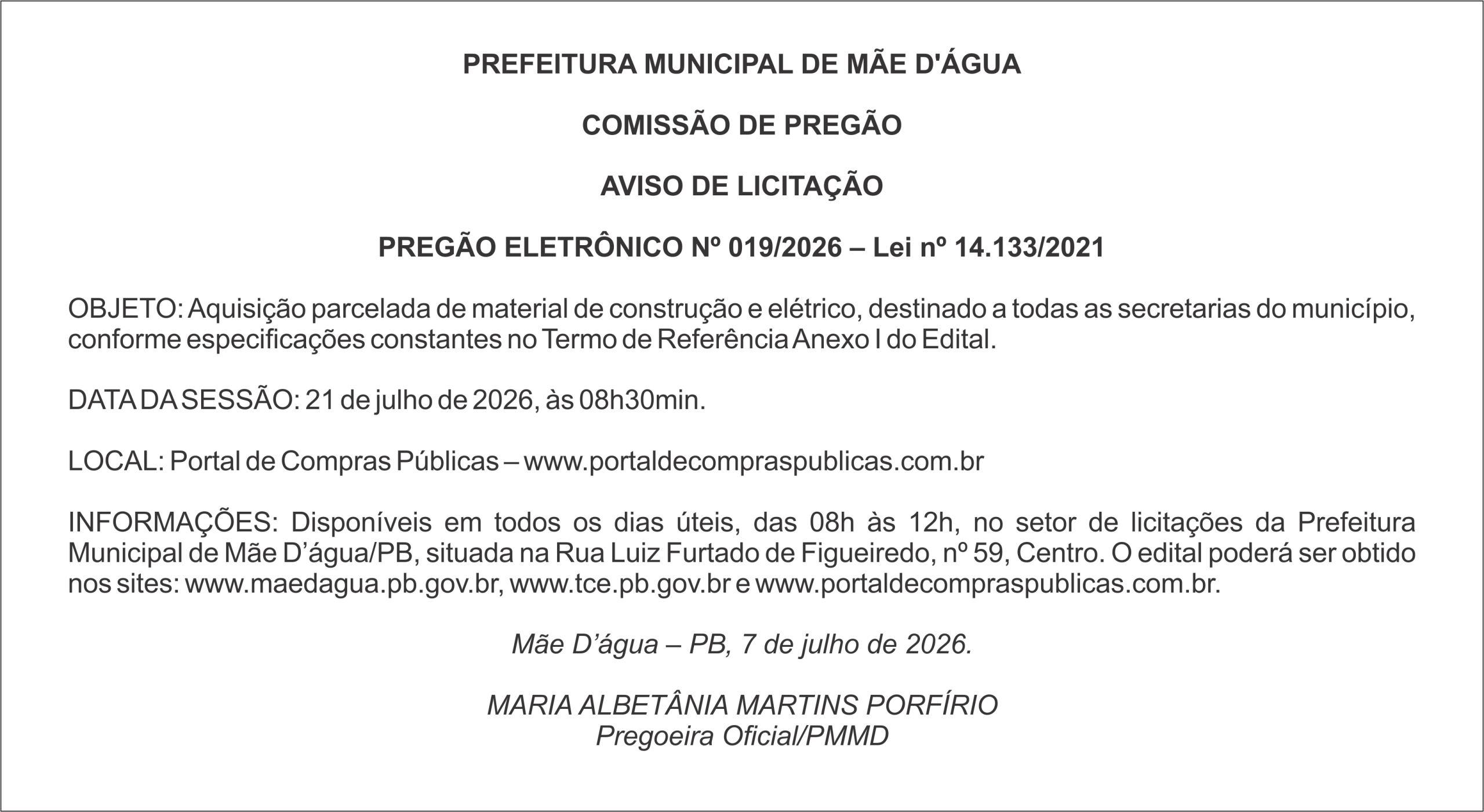 PREFEITURA MUNICIPAL DE MÃE D’ÁGUA – AVISO DE LICITAÇÃO – PREGÃO ELETRÔNICO Nº 019/2026