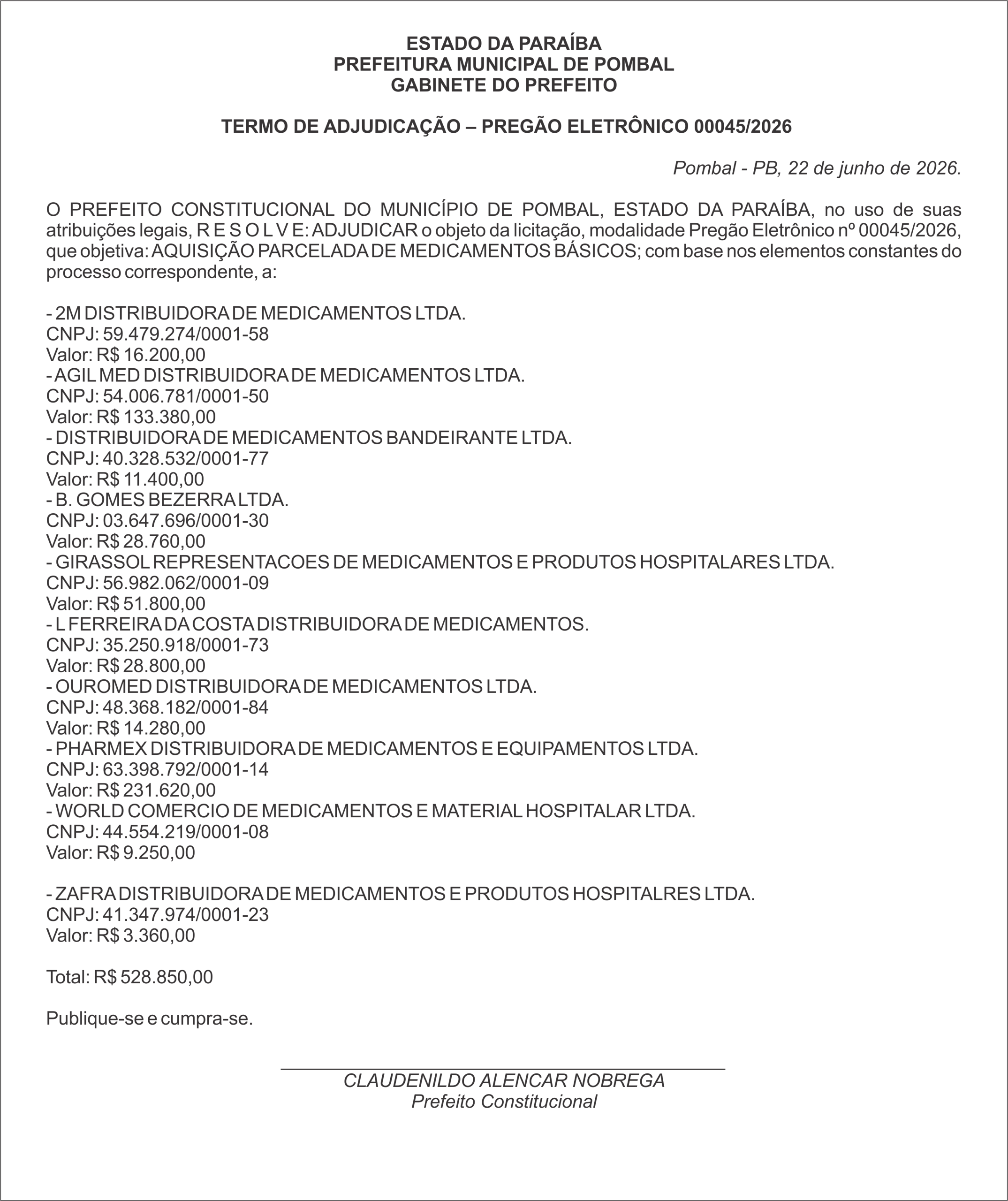 PREFEITURA MUNICIPAL DE POMBAL – TERMO DE ADJUDICAÇÃO – PREGÃO ELETRÔNICO 00045/2026