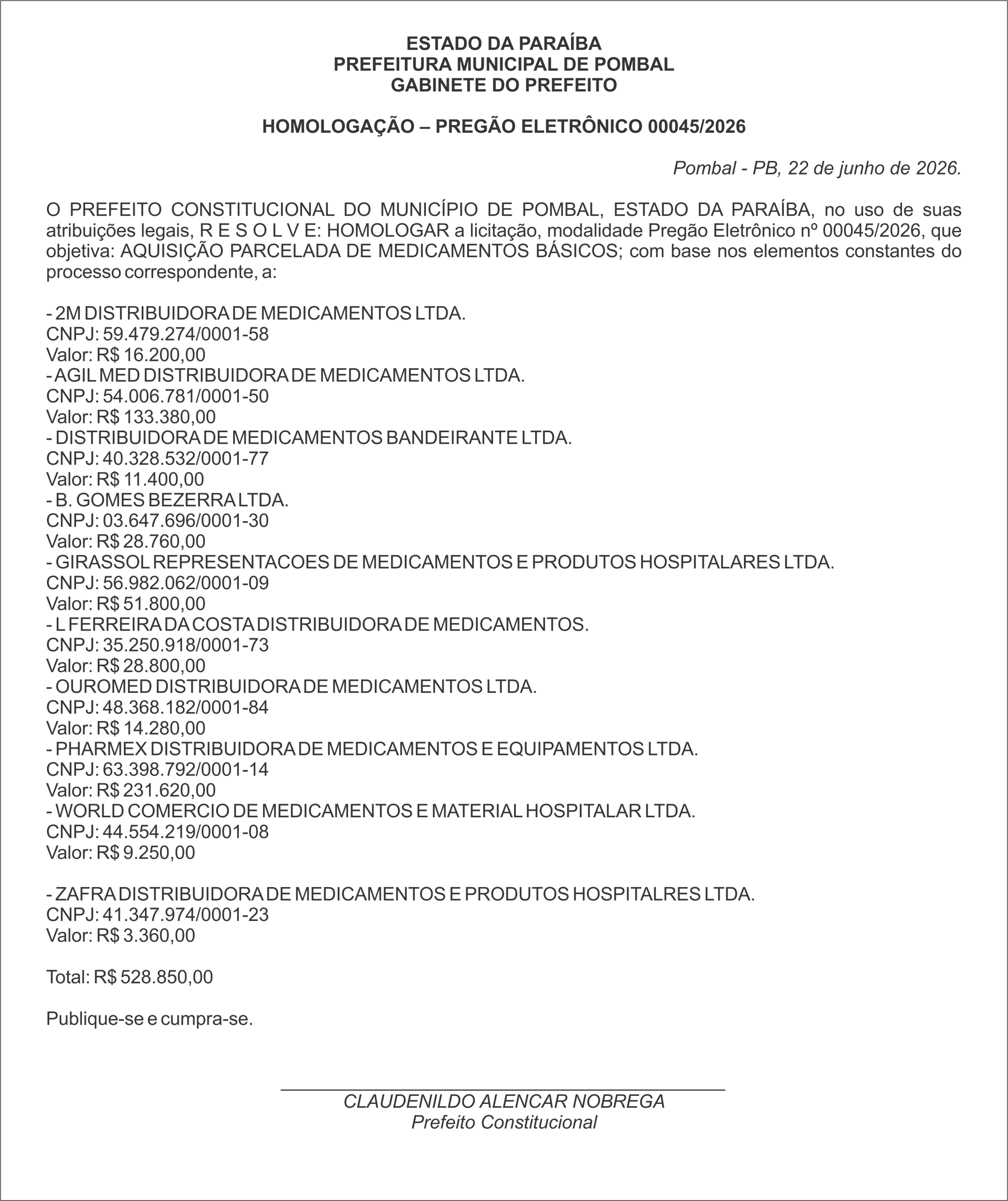PREFEITURA MUNICIPAL DE POMBAL – HOMOLOGAÇÃO – PREGÃO ELETRÔNICO 00045/2026