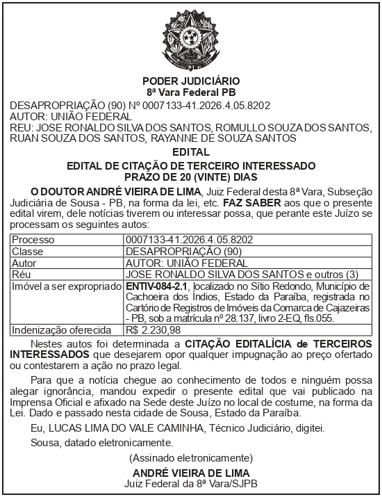 SECRETARIA NACIONAL DE SEGURANÇA HIDRICA – SNSH – MDR – DF – BRASÍLIA – Edital de Citação de Terceiro Interessado – ENTIV- 084-2.1 (JOSÉ RONALDO SILVA DOS SANTOS)