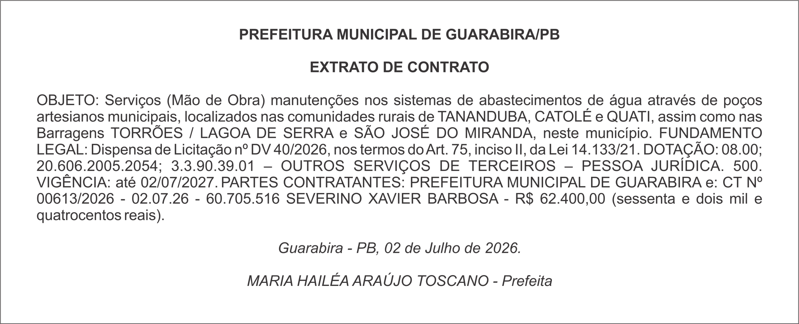 PREFEITURA MUNICIPAL DE GUARABIRA/PB – EXTRATO DE CONTRATO