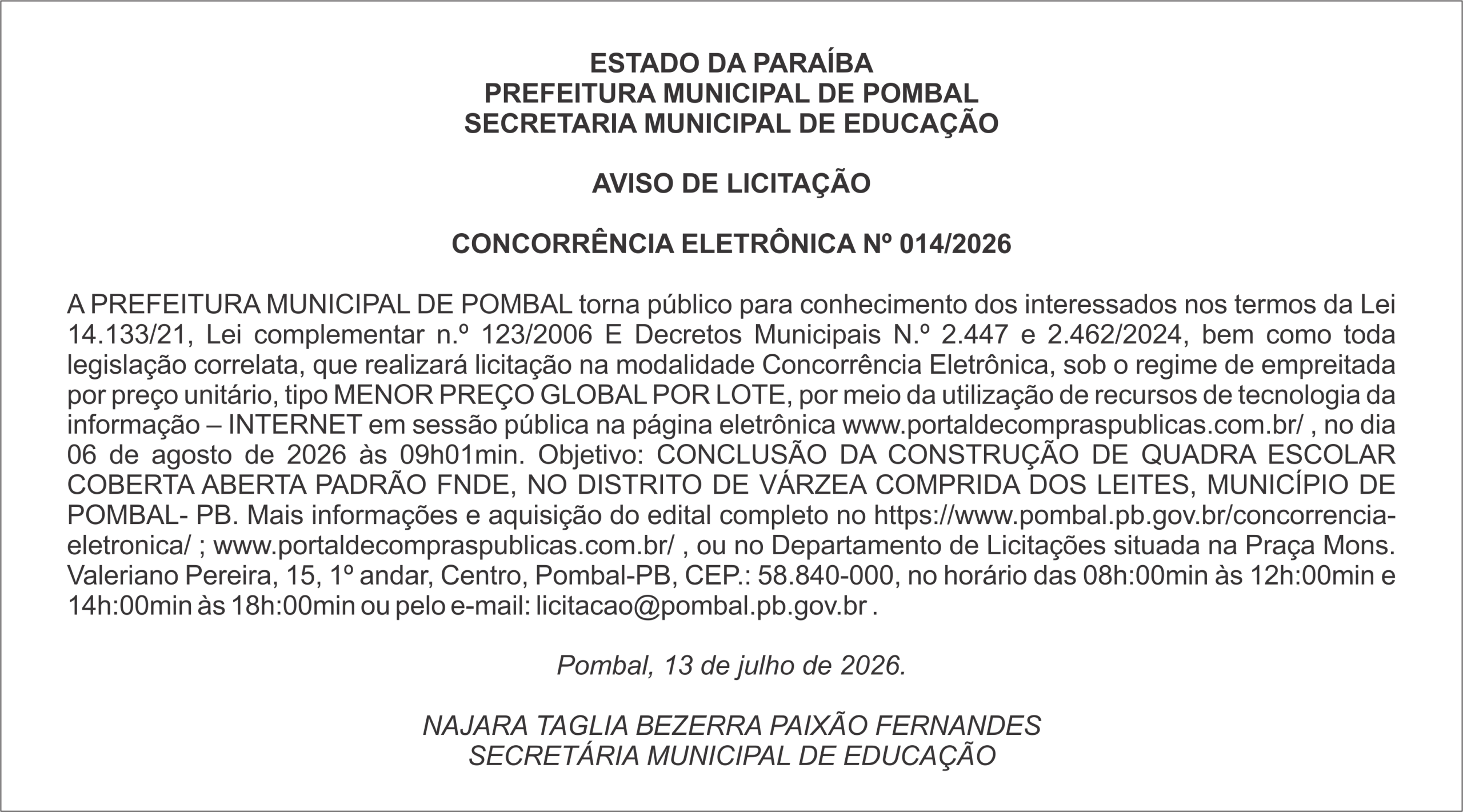 PREFEITURA MUNICIPAL DE POMBAL – AVISO DE LICITAÇÃO – CONCORRÊNCIA ELETRÔNICA Nº 014/2026