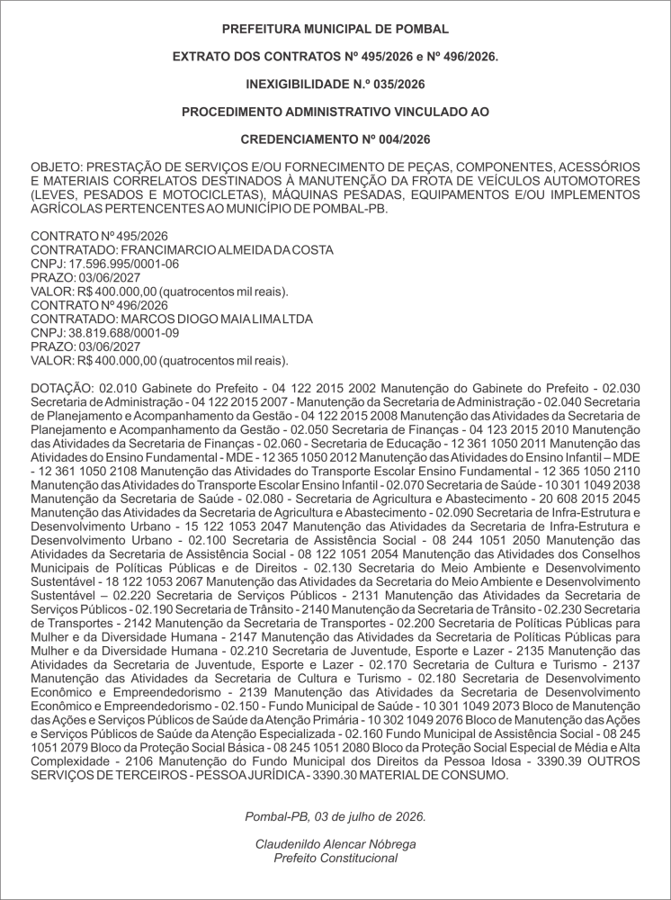 PREFEITURA MUNICIPAL DE POMBAL – EXTRATO DOS CONTRATOS Nº 495/2026 e Nº 496/2026 – INEXIGIBILIDADE N.º 035/2026