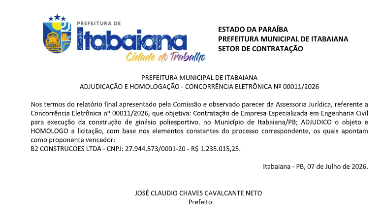 PREFEITURA MUNICIPAL DE ITABAIANA – ADJUDICAÇÃO E HOMOLOGAÇÃO – CONCORRÊNCIA ELETRÔNICA Nº 00011/2026