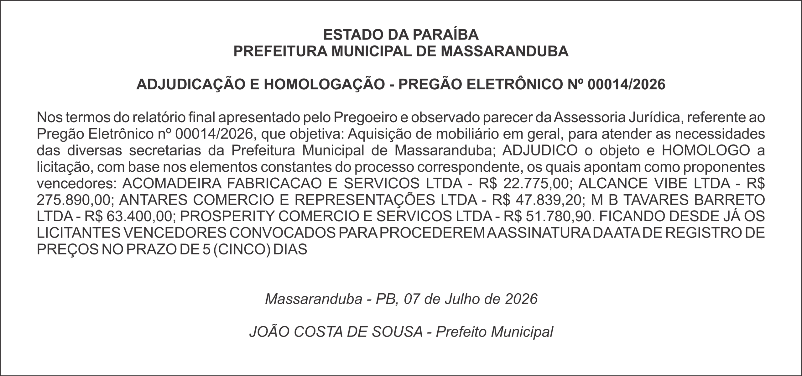 PREFEITURA MUNICIPAL DE MASSARANDUBA – ADJUDICAÇÃO E HOMOLOGAÇÃO – PREGÃO ELETRÔNICO Nº 00014/2026