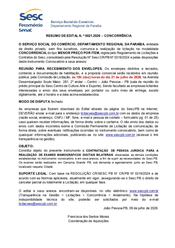 SESC – RESUMO DE EDITAL N. º 0021.2026 – CONCORRÊNCIA