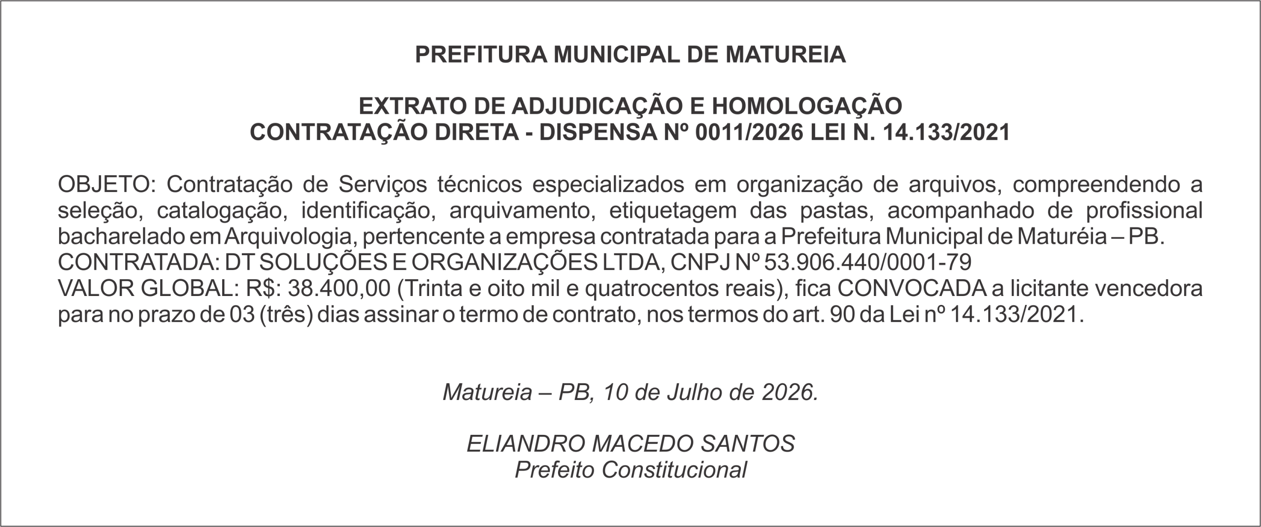 PREFITURA MUNICIPAL DE MATUREIA – EXTRATO DE ADJUDICAÇÃO E HOMOLOGAÇÃO