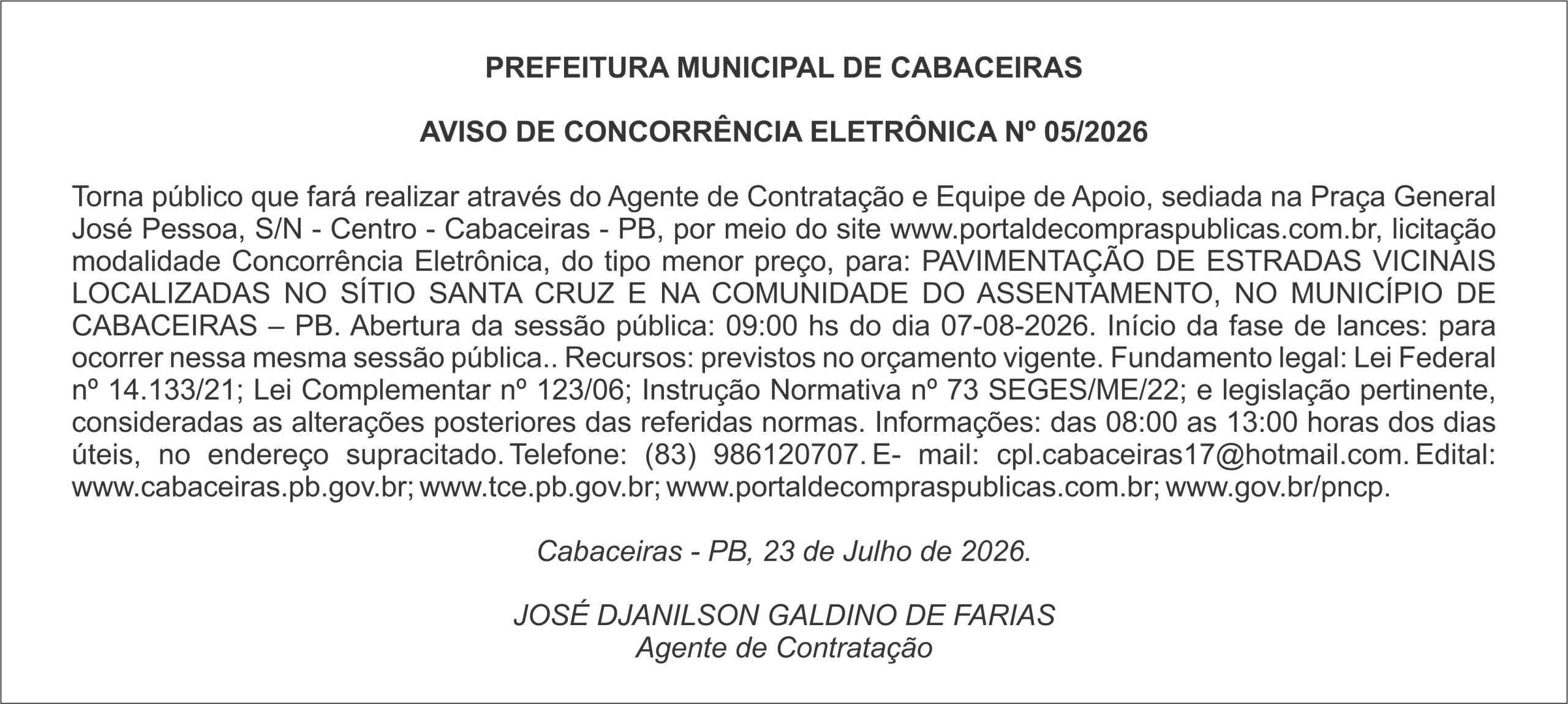 PREFEITURA MUNICIPAL DE CABACEIRAS – AVISO DE CONCORRÊNCIA ELETRÔNICA Nº 05/2026
