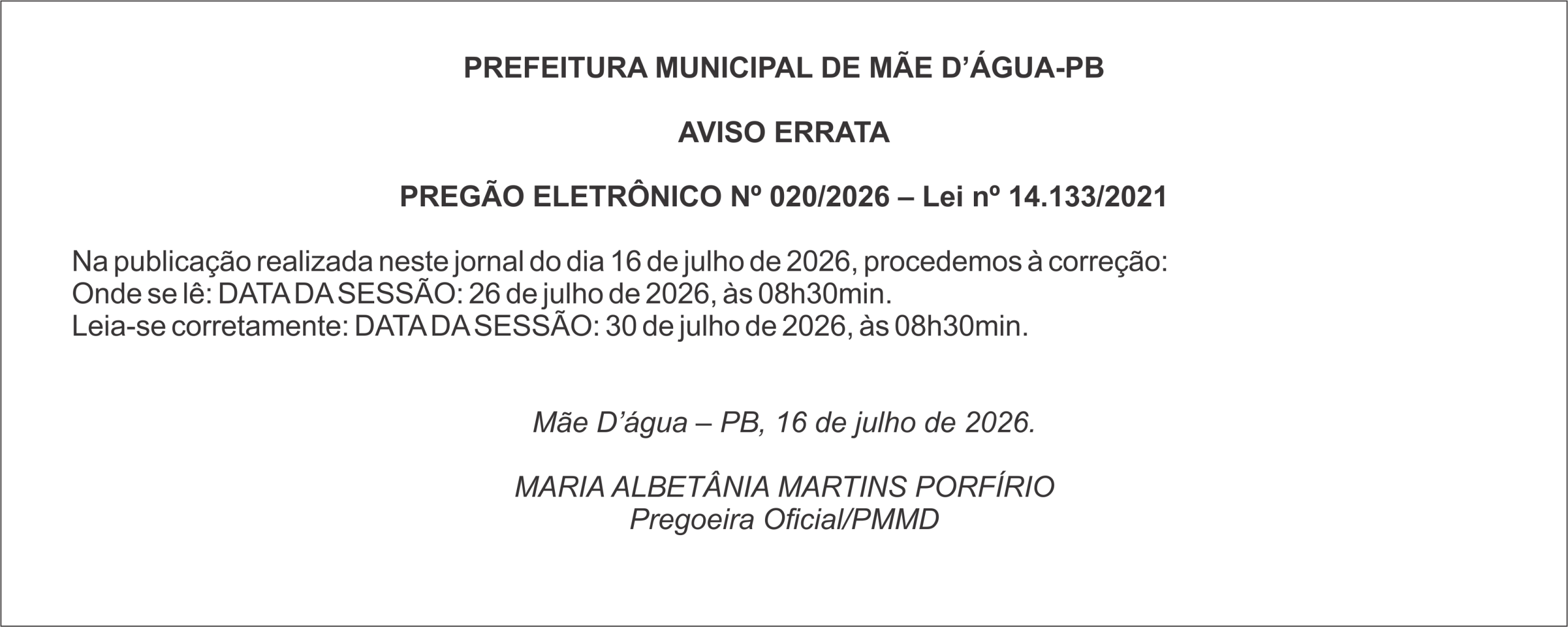 PREFEITURA MUNICIPAL DE MÃE D’ÁGUA-PB – AVISO ERRATA – PREGÃO ELETRÔNICO Nº 020/2026