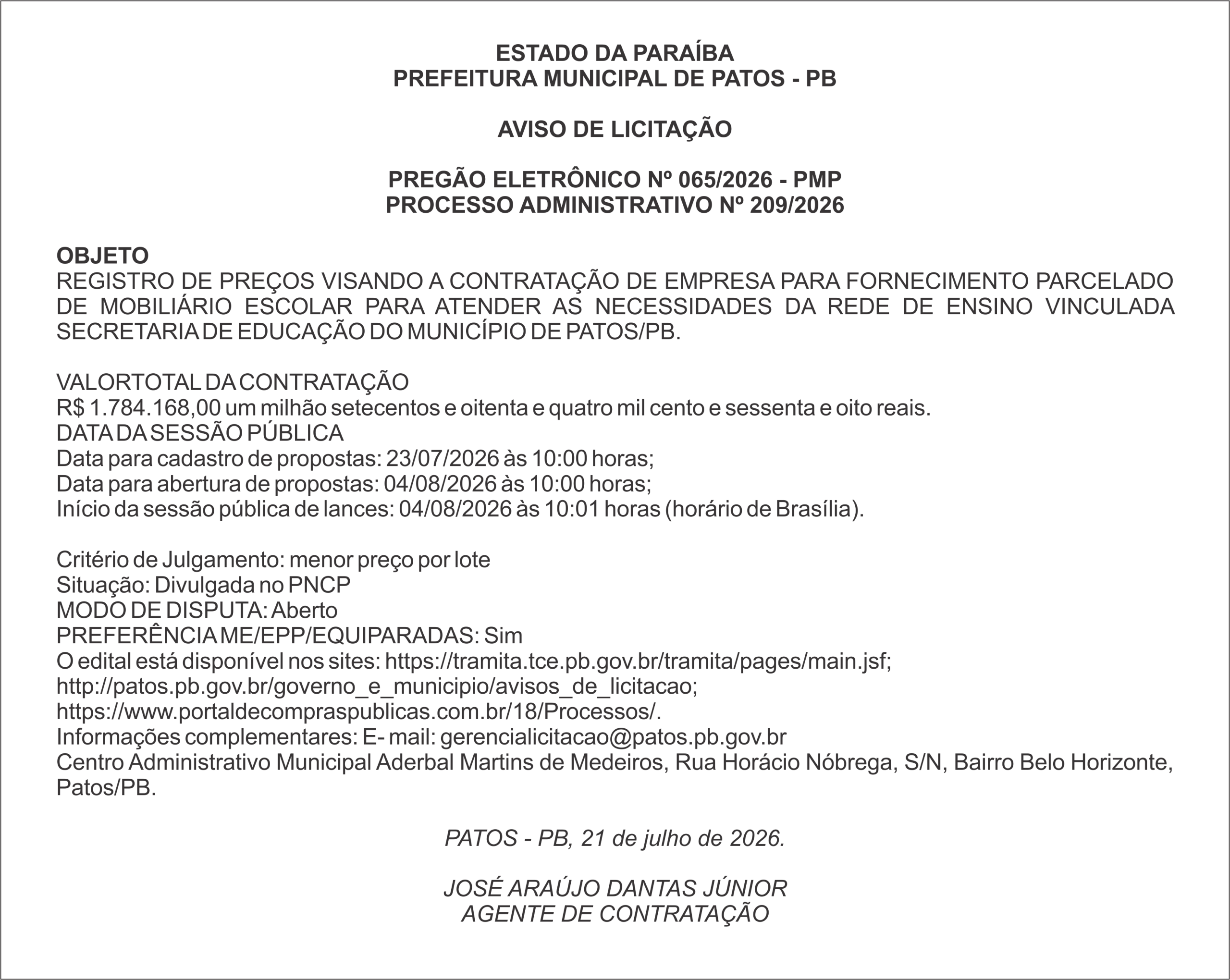 PREFEITURA MUNICIPAL DE PATOS – PB – PREGÃO ELETRÔNICO Nº 065/2026 – PMP