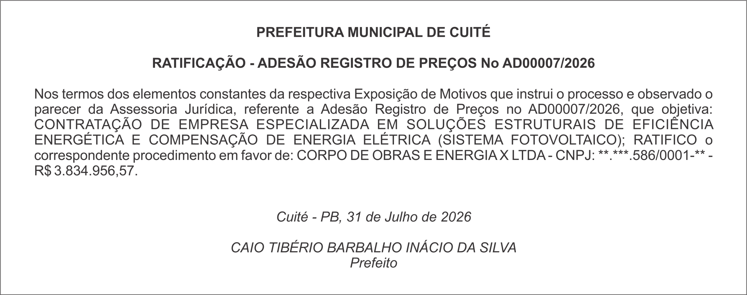 PREFEITURA MUNICIPAL DE CUITÉ  RATIFICAÇÃO – ADESÃO REGISTRO DE PREÇOS No AD00007/2026