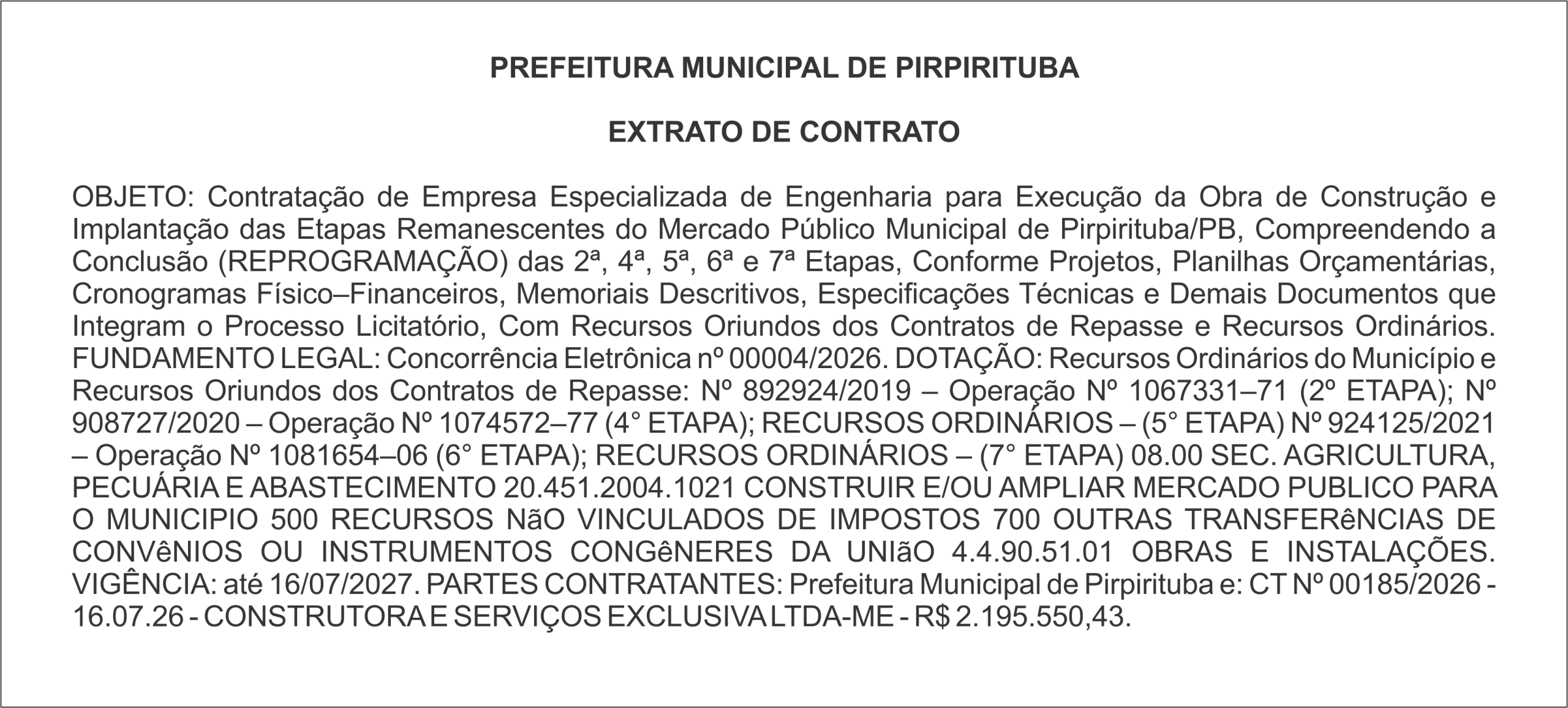 PREFEITURA MUNICIPAL DE PIRPIRITUBA – EXTRATO DE CONTRATO