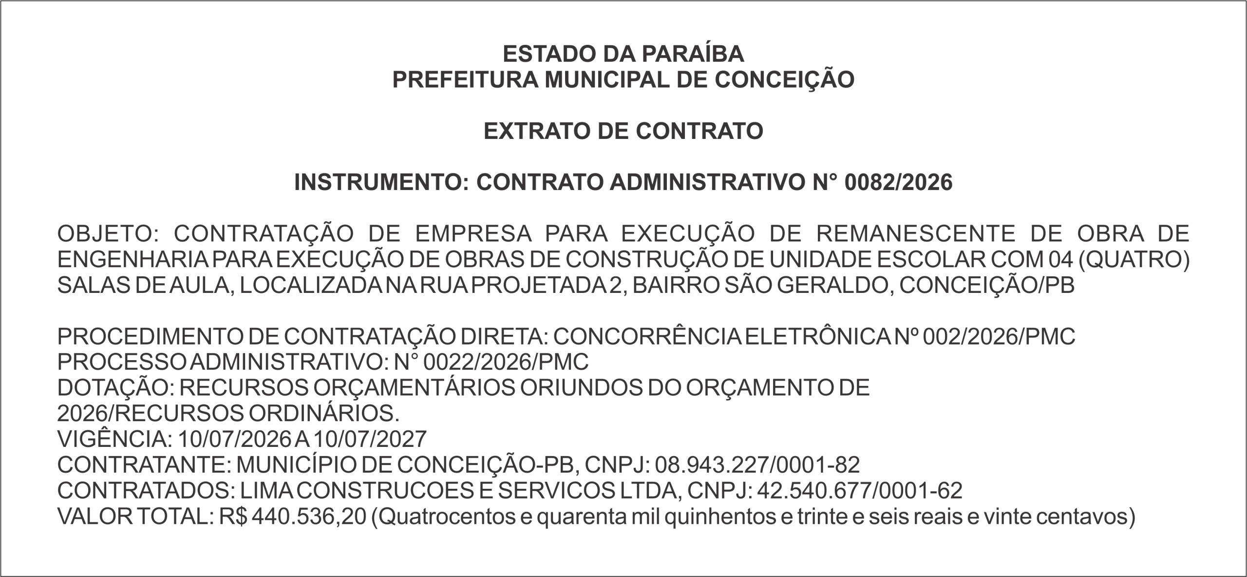 PREFEITURA MUNICIPAL DE CONCEIÇÃO – EXTRATO DE CONTRATO – INSTRUMENTO: CONTRATO ADMINISTRATIVO N° 0082/2026