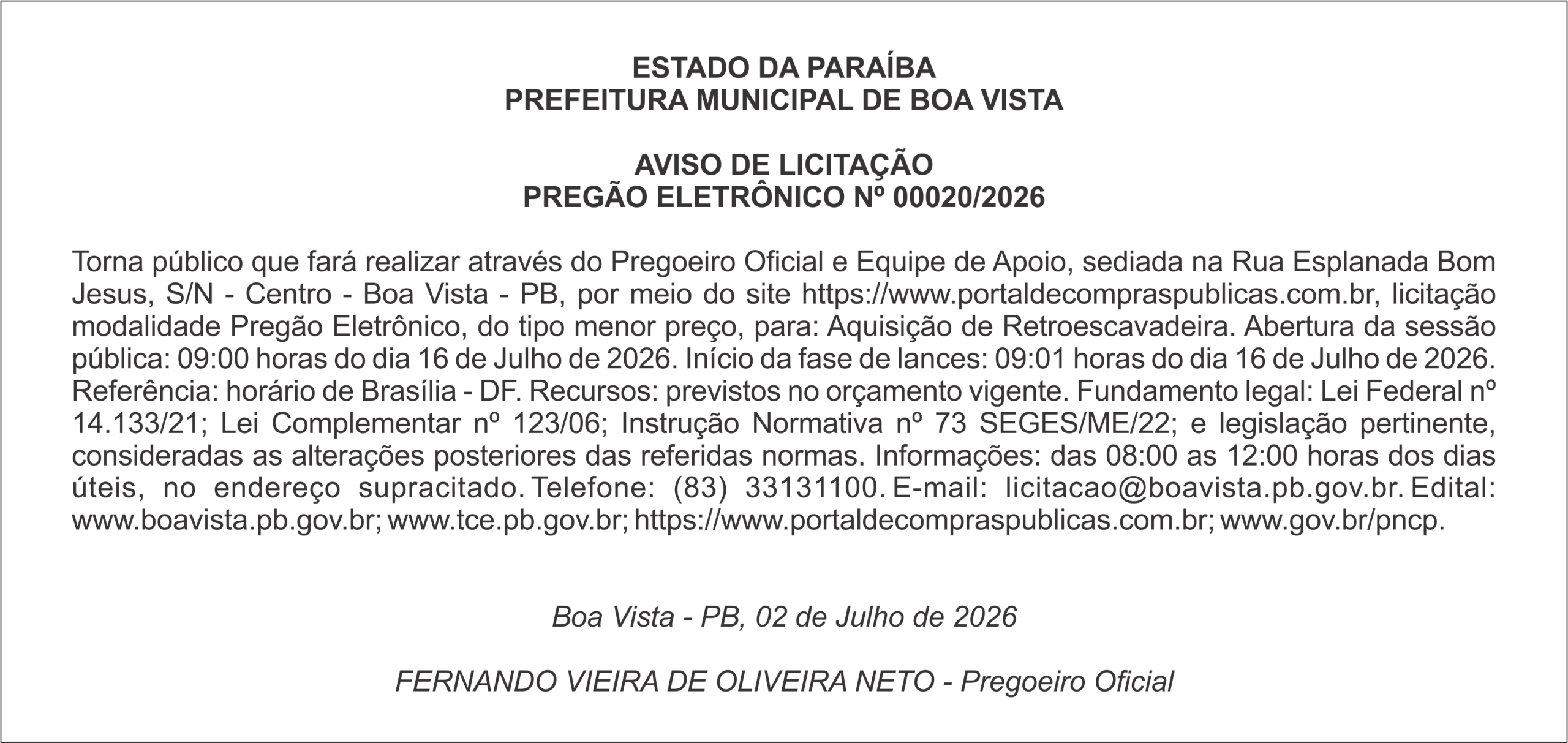 PREFEITURA MUNICIPAL DE BOA VISTA – AVISO DE LICITAÇÃO PREGÃO ELETRÔNICO Nº 00020/2026
