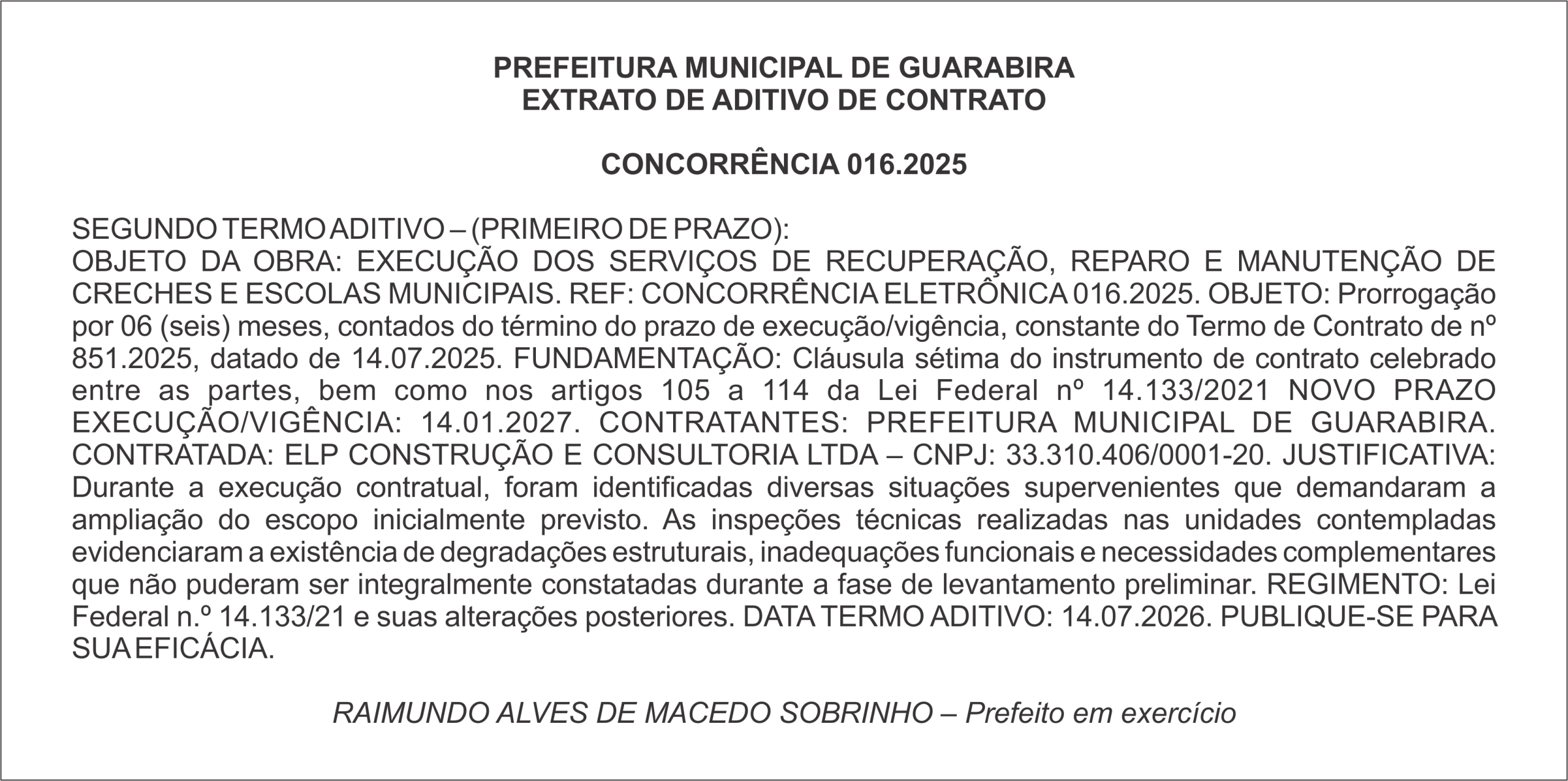 PREFEITURA MUNICIPAL DE GUARABIRA – EXTRATO DE ADITIVO DE CONTRATO – CONCORRÊNCIA 016.2025