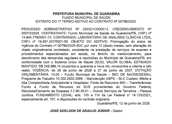PREFEITURA MUNICIPAL DE GUARABIRA – FUNDO MUNICIPAL DE SAÚDE – EXTRATO DO 1º TERMO ADITIVO AO CONTRATO Nº 00796/2025