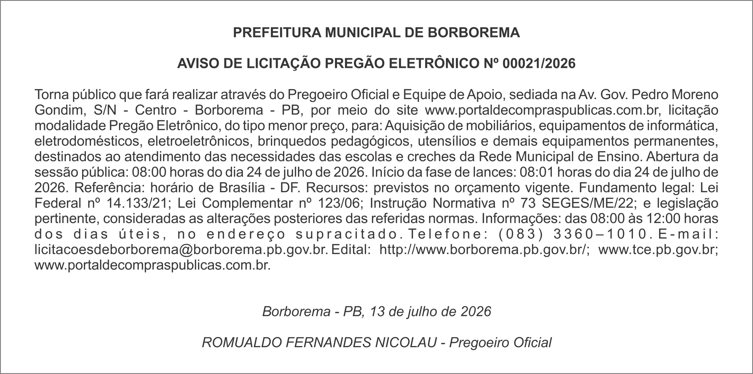 PREFEITURA MUNICIPAL DE BORBOREMA – AVISO DE LICITAÇÃO – PREGÃO ELETRÔNICO Nº 00021/2026