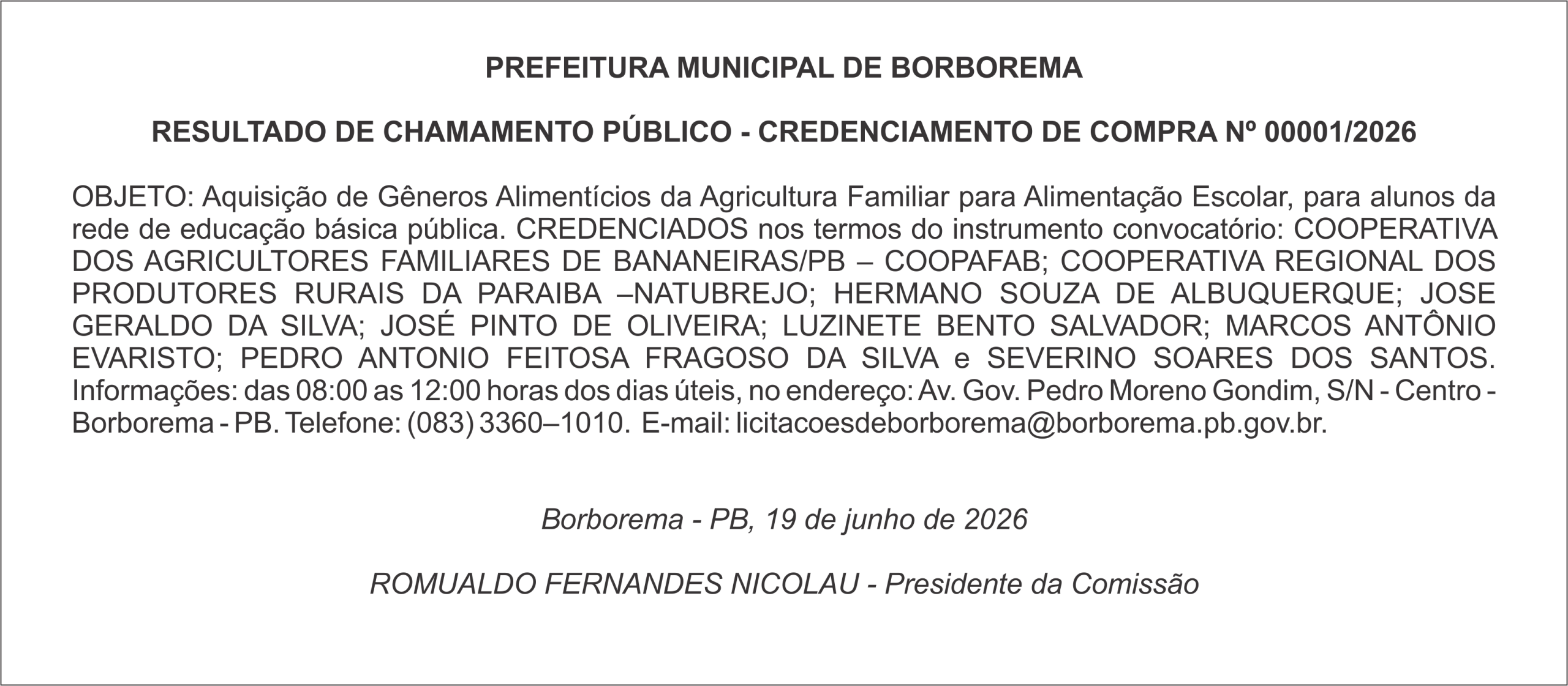PREFEITURA MUNICIPAL DE BORBOREMA – RESULTADO DE CHAMAMENTO PÚBLICO – CREDENCIAMENTO DE COMPRA Nº 00001/2026
