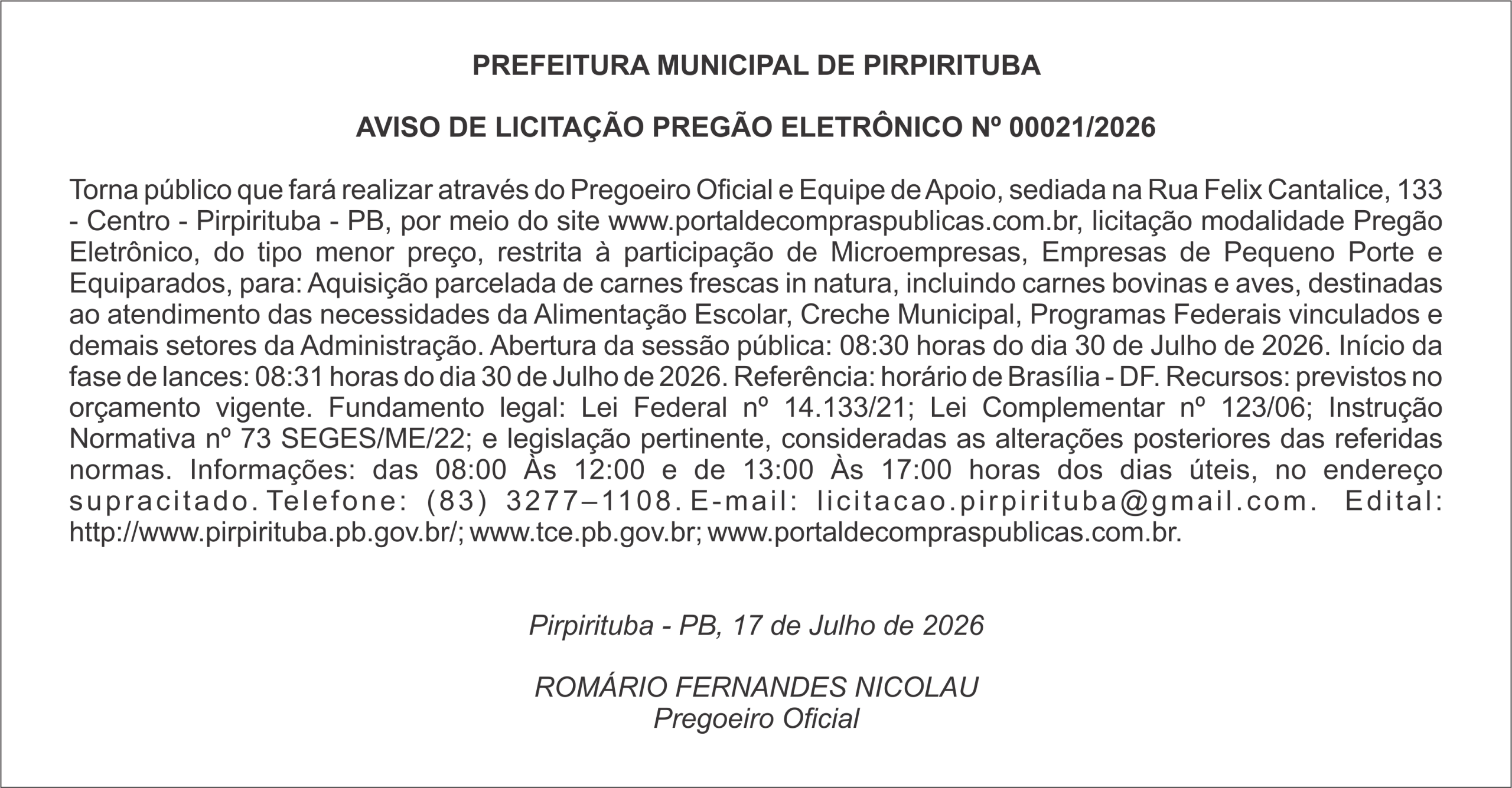 PREFEITURA MUNICIPAL DE PIRPIRITUBA – AVISO DE LICITAÇÃO PREGÃO ELETRÔNICO Nº 00021/2026