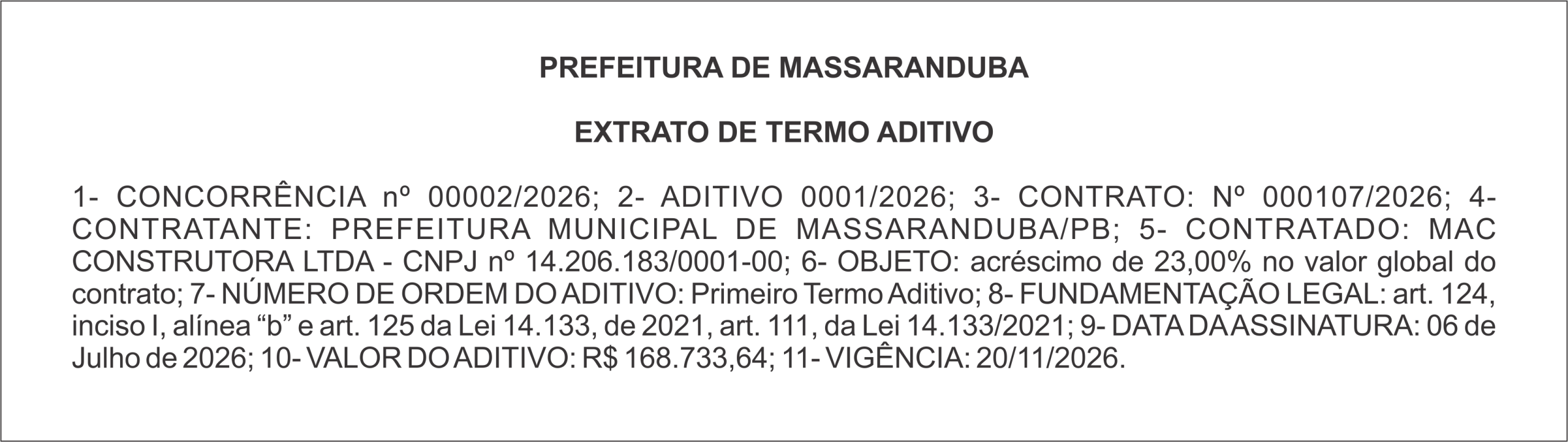 PREFEITURA MUNICIPAL DE MASSARANDUBA – EXTRATO DE TERMO ADITIVO – CONCORRÊNCIA nº 00002/2026 – ADITIVO 0001/2026