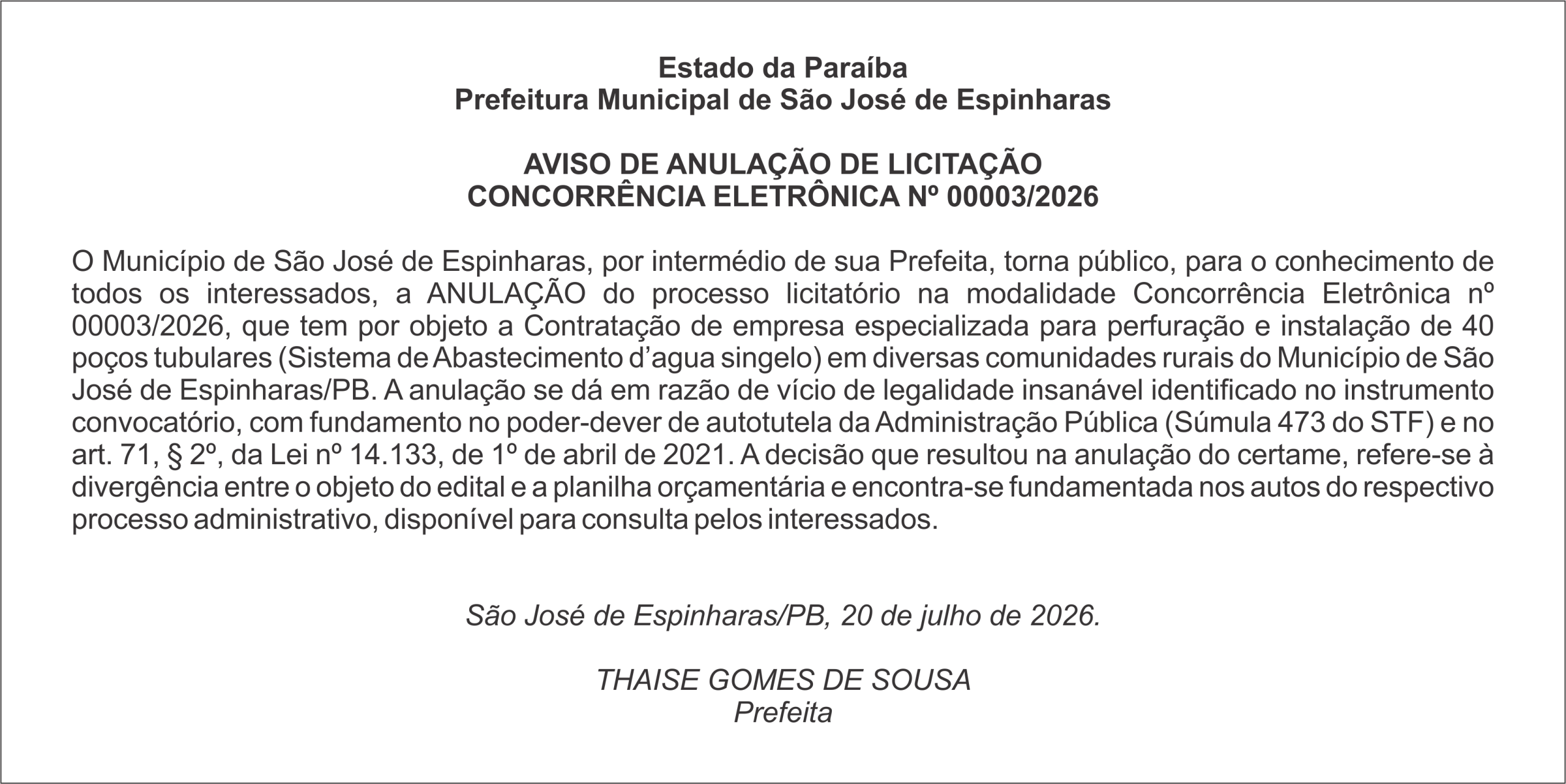 PREFEITURA MUNICIPAL DE SÃO JOSÉ DE ESPINHARAS – AVISO DE ANULAÇÃO DE LICITAÇÃO – CONCORRÊNCIA ELETRÔNICA Nº 00003/2026