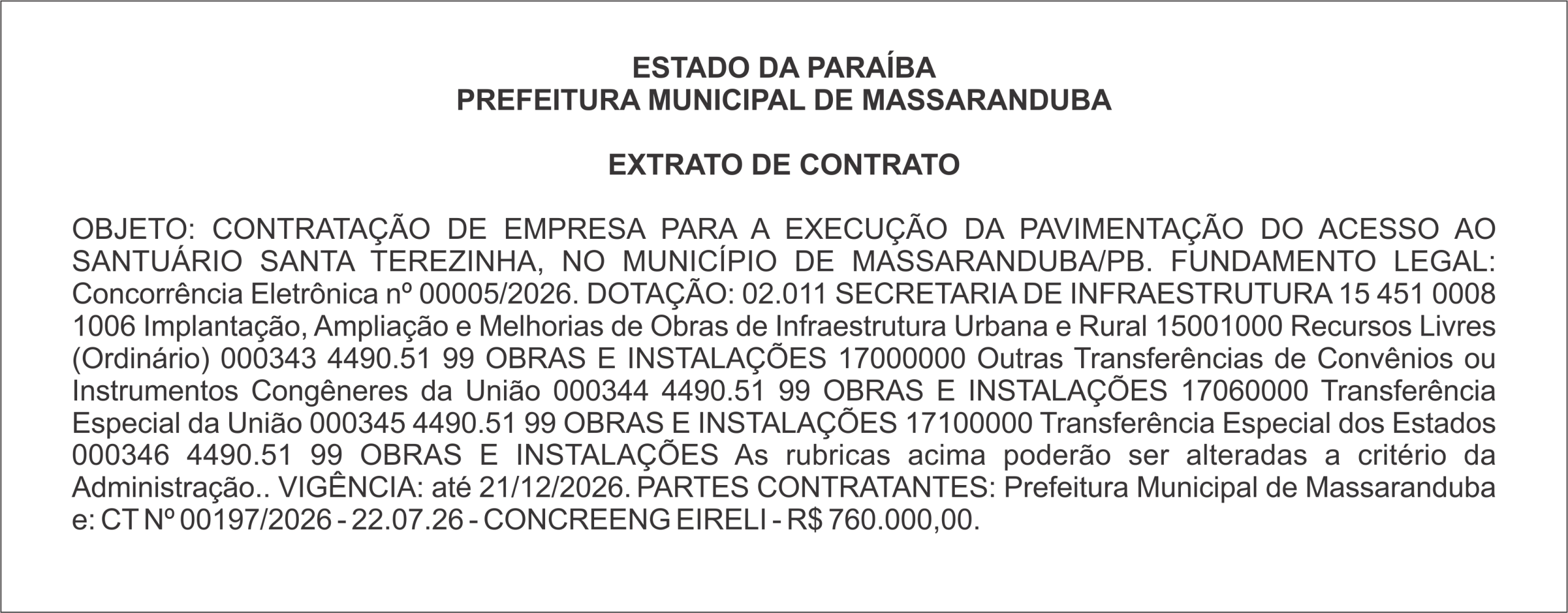 PREFEITURA MUNICIPAL DE MASSARANDUBA – EXTRATO DE CONTRATO