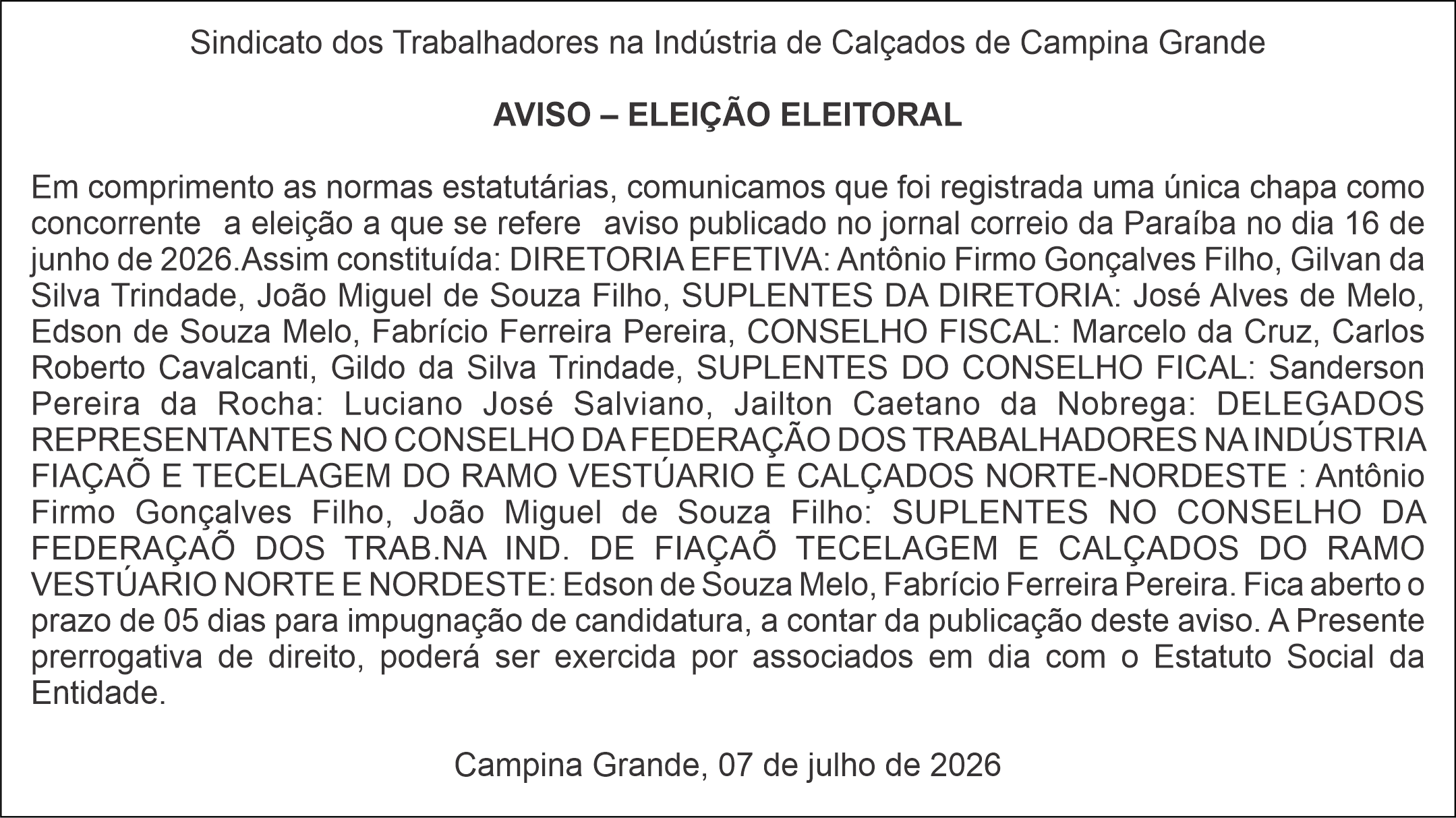 Sindicato dos Trabalhadores na Indústria de Calçados de Campina Grande  AVISO – ELEIÇÃO ELEITORAL