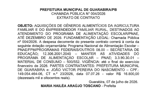 PREFEITURA MUNICIPAL DE GUARABIRA/PB – CHAMADA PÚBLICA N° 004/2026 – EXTRATO DE CONTRATO