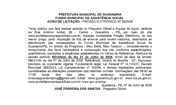 PREFEITURA MUNICIPAL DE GUARABIRA – FUNDO MUNICIPAL DE ASSISTÊNCIA SOCIAL – AVISO DE LICITAÇÃO – PREGÃO ELETRÔNICO Nº 38/2026