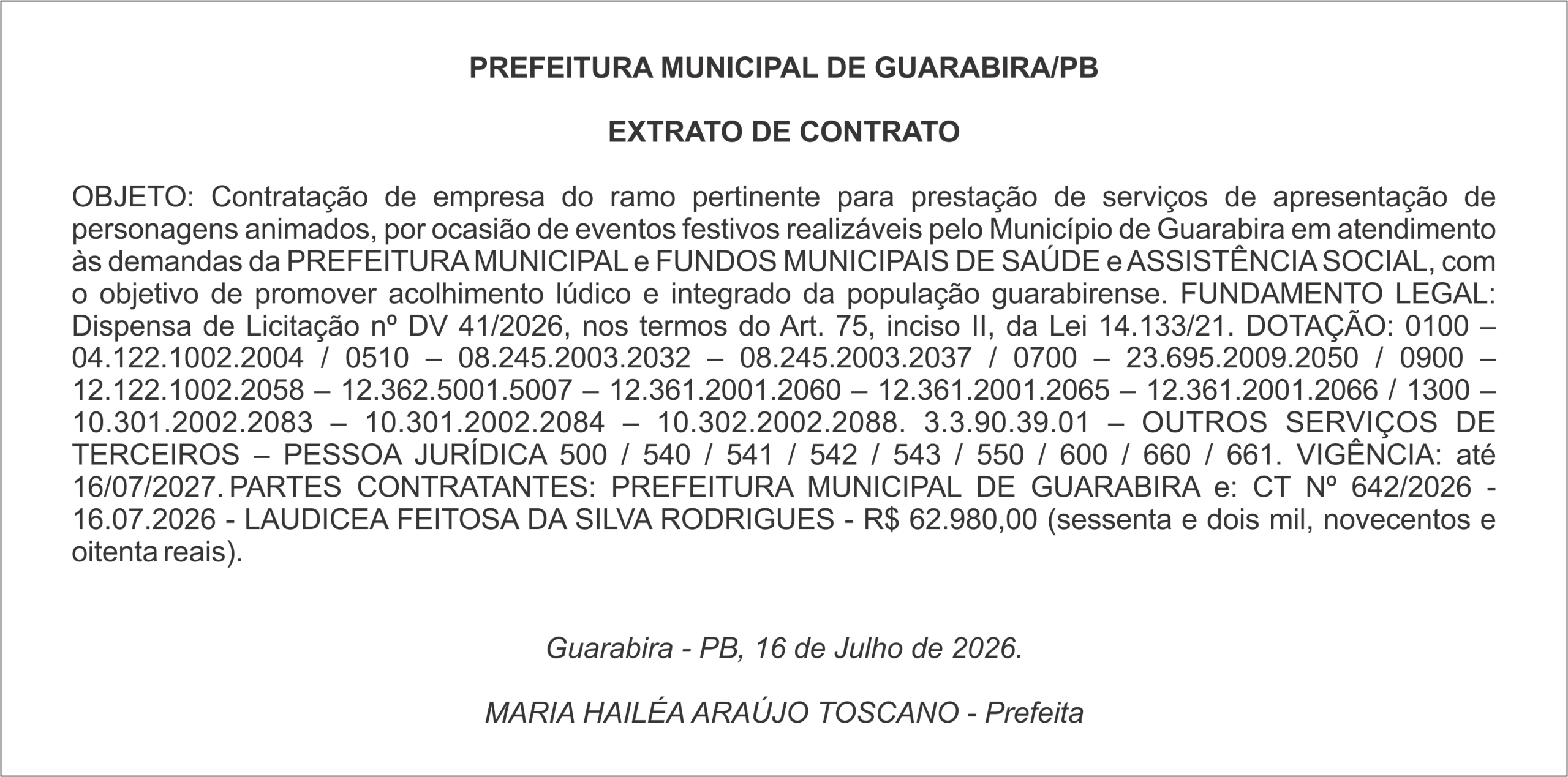 PREFEITURA MUNICIPAL DE GUARABIRA/PB – EXTRATO DE CONTRATO