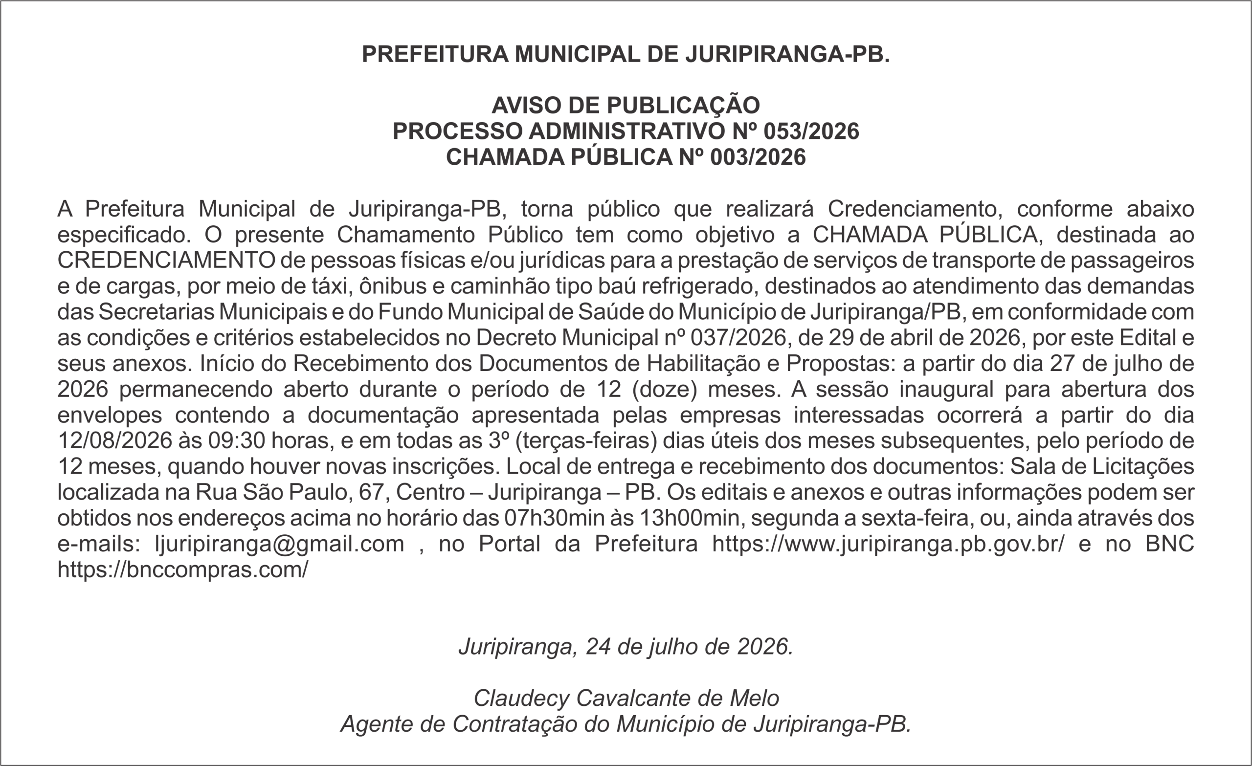 PREFEITURA MUNICIPAL DE JURIPIRANGA-PB – AVISO DE PUBLICAÇÃO PROCESSO ADMINISTRATIVO Nº 053/2026
