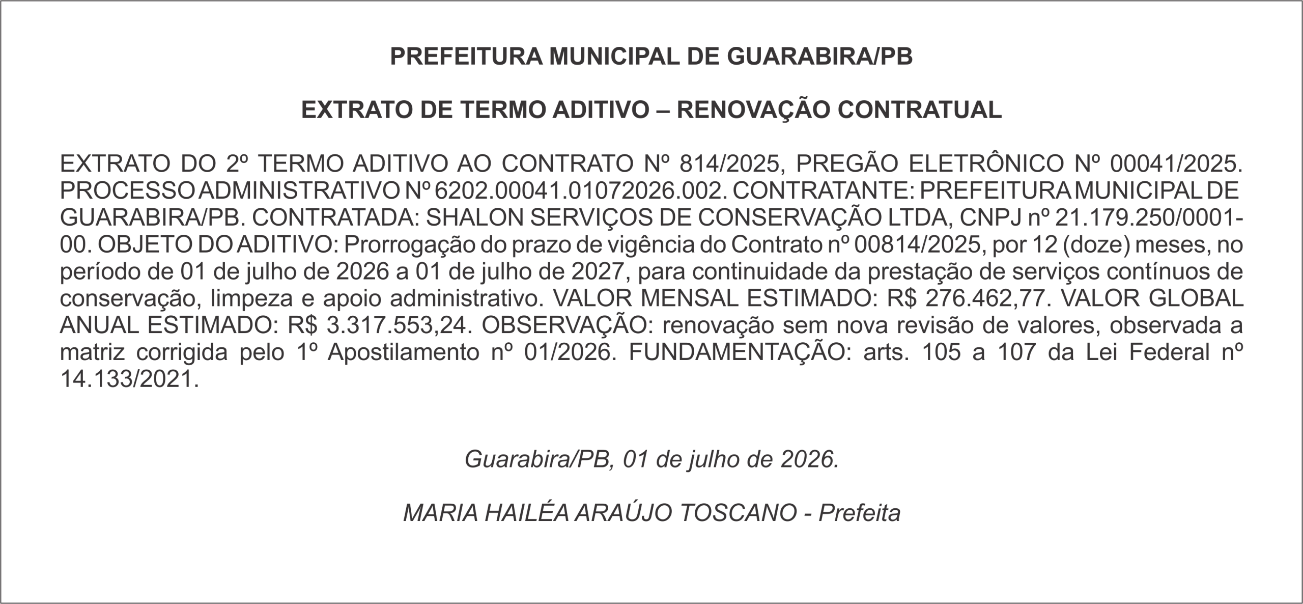 PREFEITURA MUNICIPAL DE GUARABIRA/PB – EXTRATO DE TERMO ADITIVO – RENOVAÇÃO CONTRATUAL