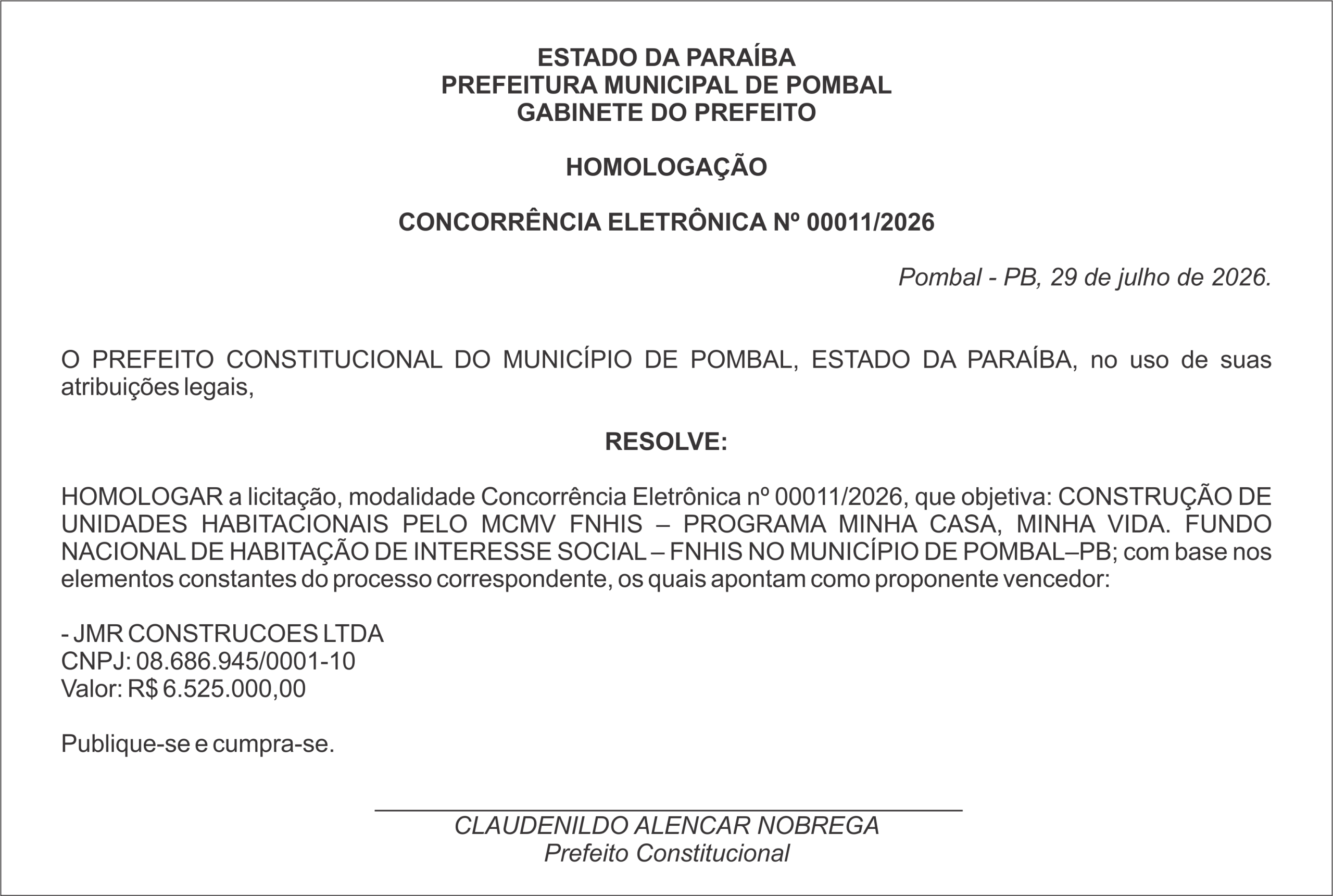 PREFEITURA MUNICIPAL DE POMBAL- HOMOLOGAÇÃO  CONCORRÊNCIA ELETRÔNICA Nº 00011/2026
