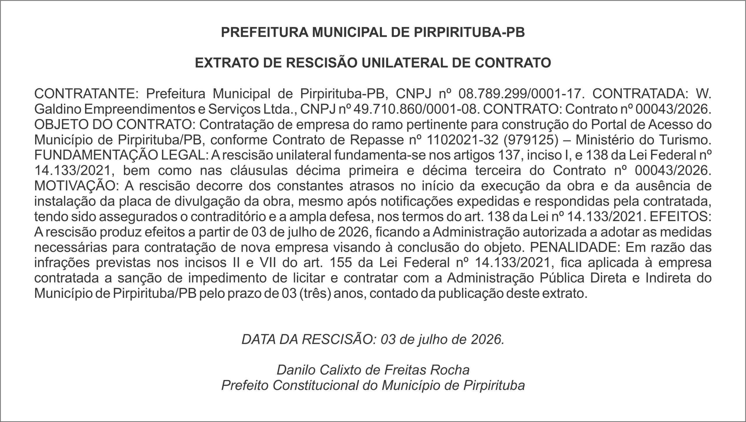 PREFEITURA MUNICIPAL DE PIRPIRITUBA-PB – EXTRATO DE RESCISÃO UNILATERAL DE CONTRATO