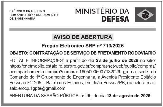 ESCRITÓRIO REGIONAL OPERAÇÃO CARRO PIPA DO 1° GPT E – AVISO PREGÃO SRP 713/2026