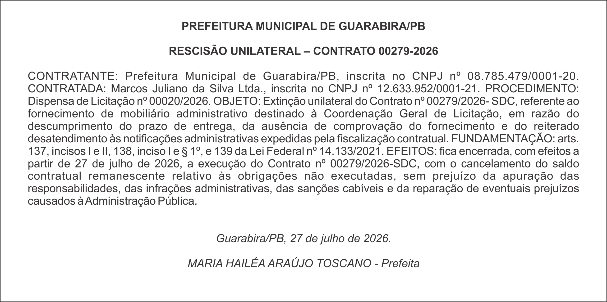 PREFEITURA MUNICIPAL DE GUARABIRA/PB – RESCISÃO UNILATERAL – CONTRATO 00279-2026