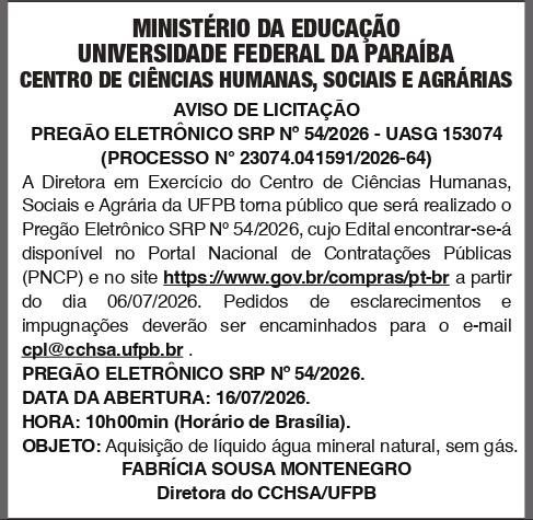 UNIVERSIDADE FEDERAL DA PARAIBA – PREGÃO ELETRÔNICO SRP No 54/2026