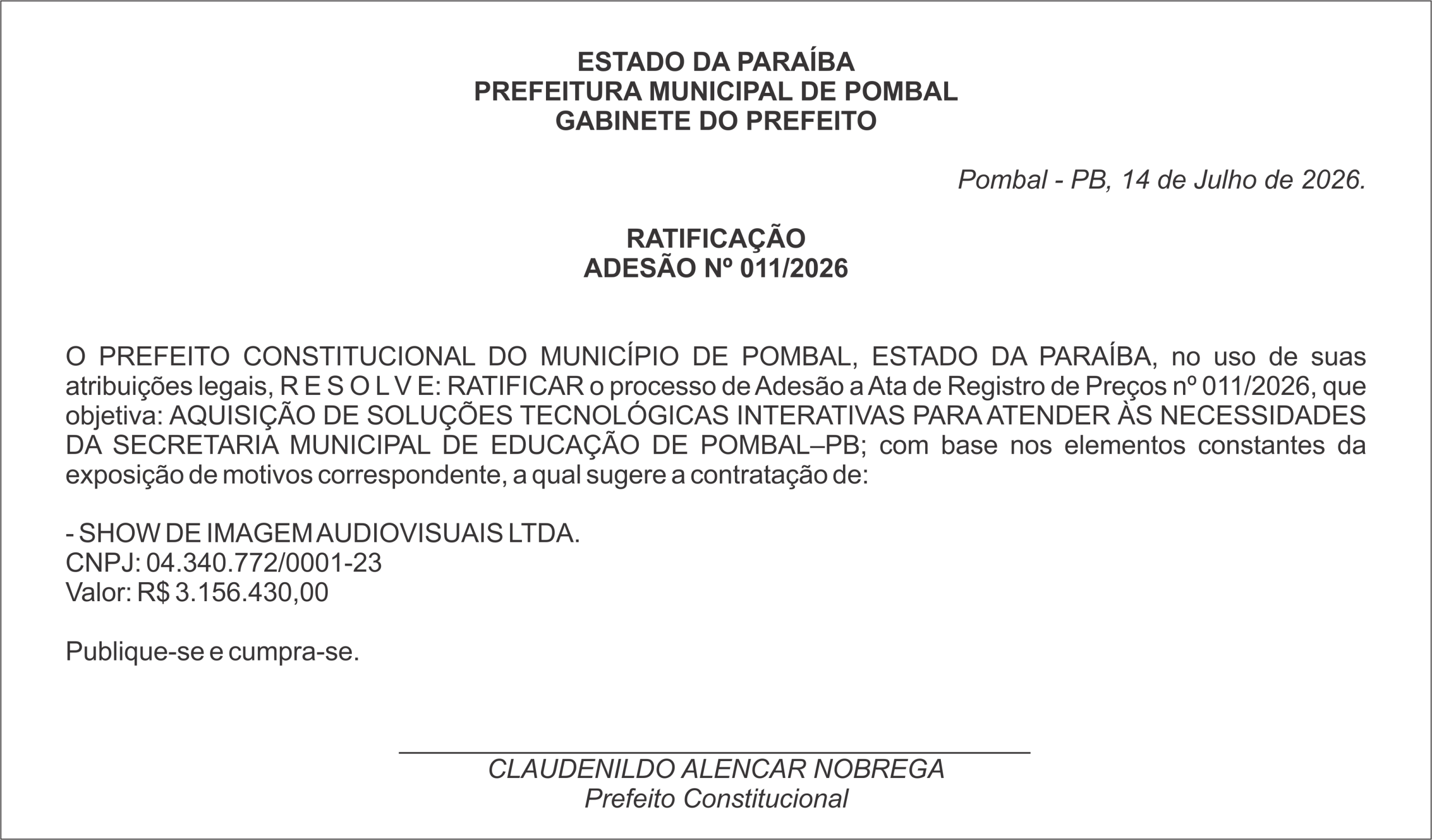 PREFEITURA MUNICIPAL DE POMBAL – RATIFICAÇÃO ADESÃO Nº 011/2026