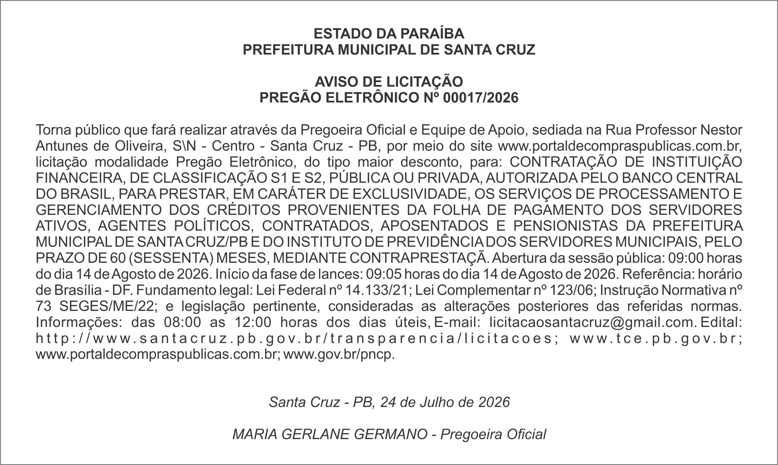 PREFEITURA MUNICIPAL DE SANTA CRUZ – AVISO DE LICITAÇÃO PREGÃO ELETRÔNICO Nº 00017/2026