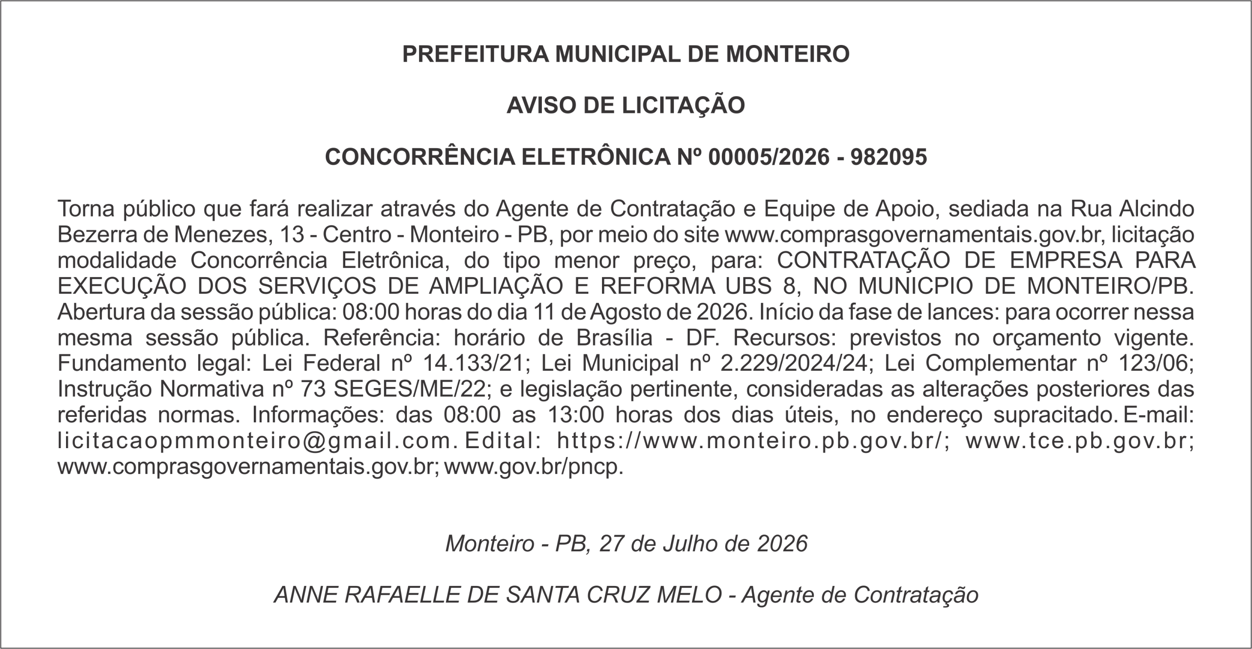 PREFEITURA MUNICIPAL DE MONTEIRO – AVISO DE LICITAÇÃO  CONCORRÊNCIA ELETRÔNICA Nº 00005/2026 – 982095
